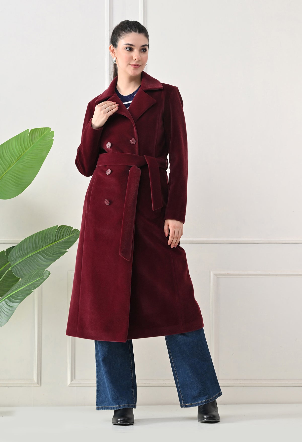Women Belted Notched Lapel Double-Breasted Longline Maroon Trench Coat – view 4