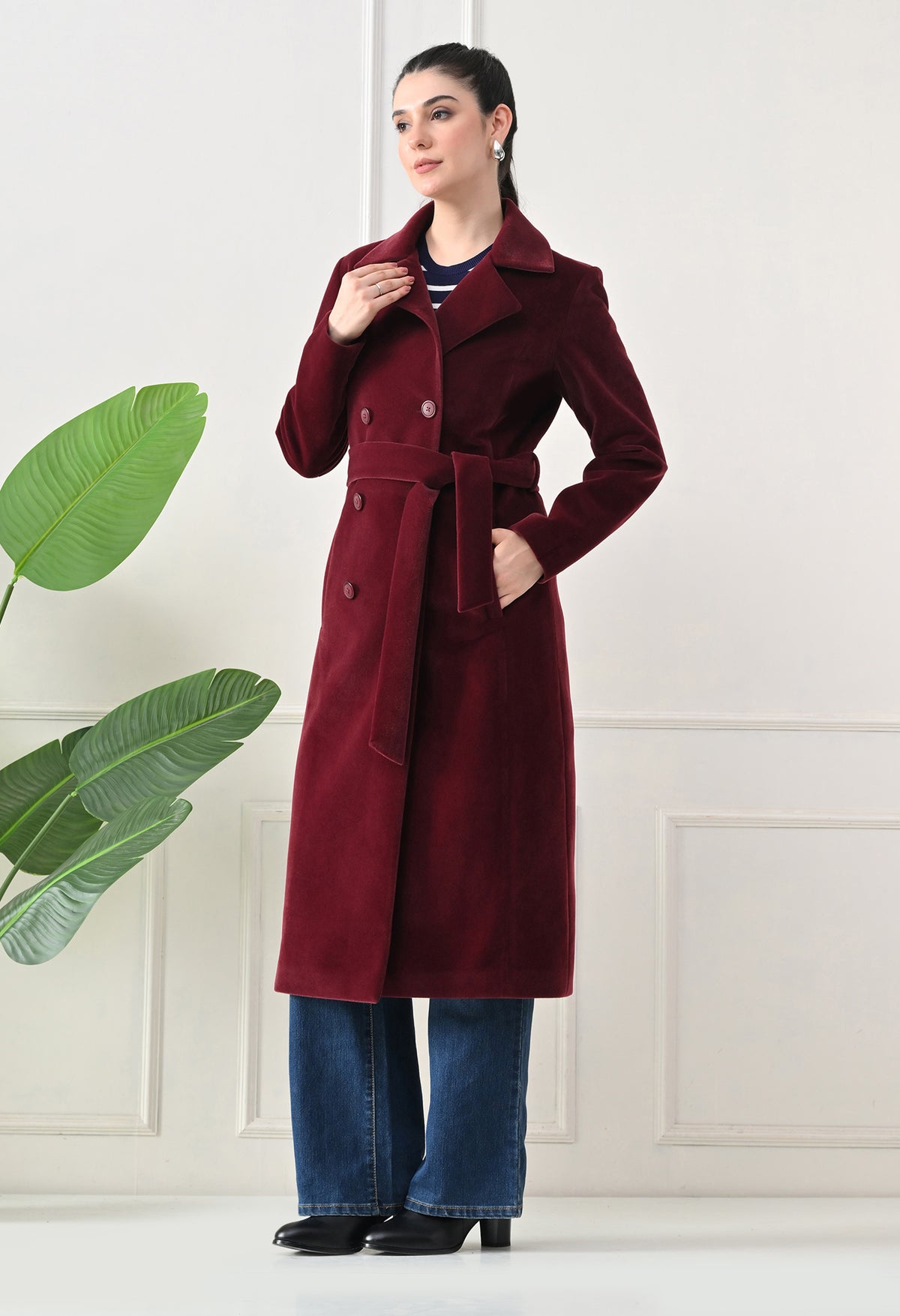 Women Belted Notched Lapel Double-Breasted Longline Maroon Trench Coat – view 5