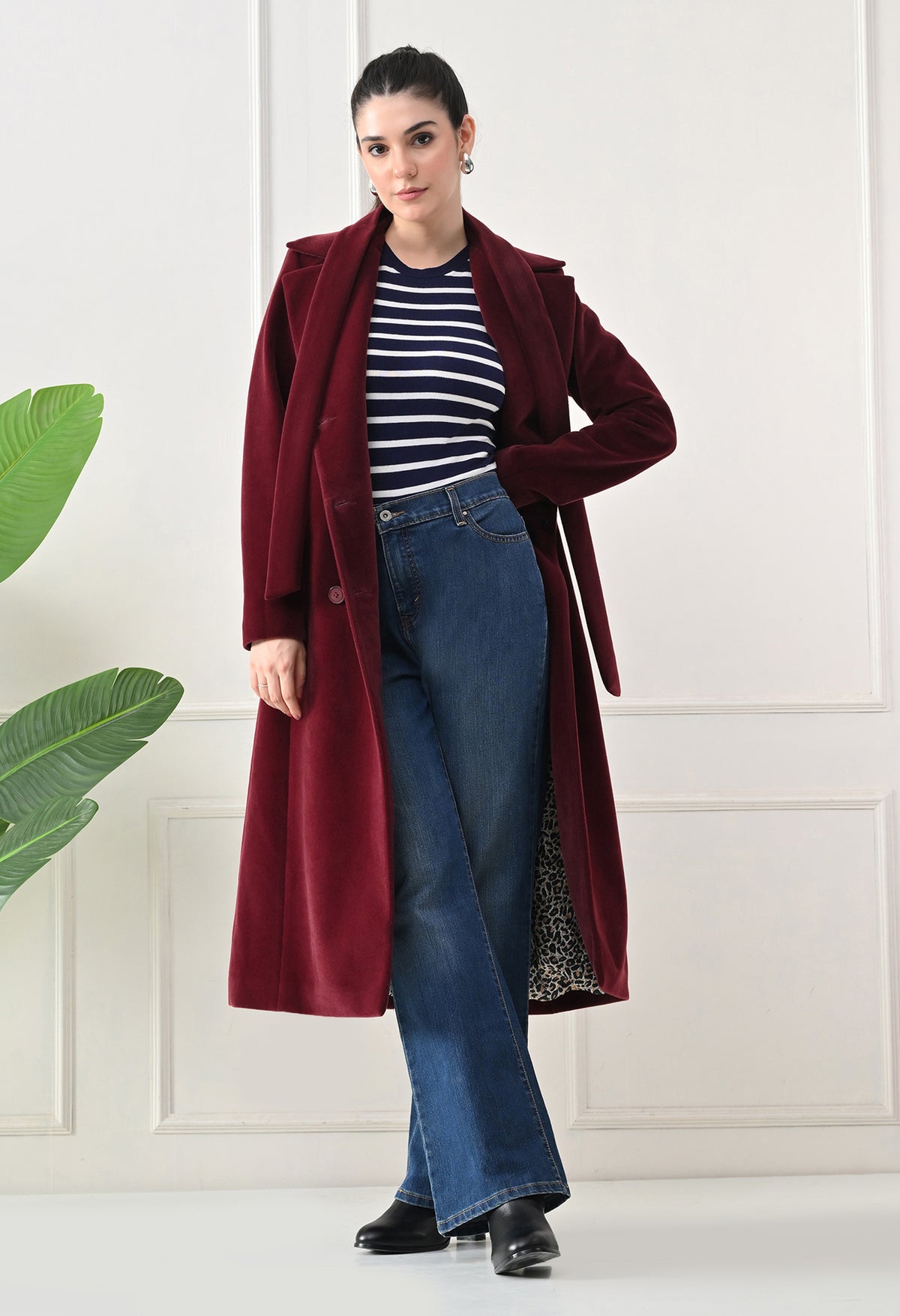 Women Belted Notched Lapel Double-Breasted Longline Maroon Trench Coat – view 6