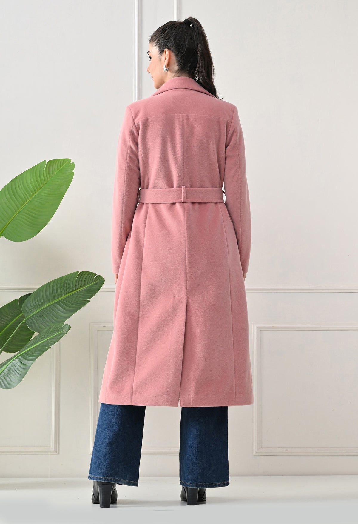 Women Belted Notched Lapel Double-Breasted Longline Pink Trench Coat – view 2