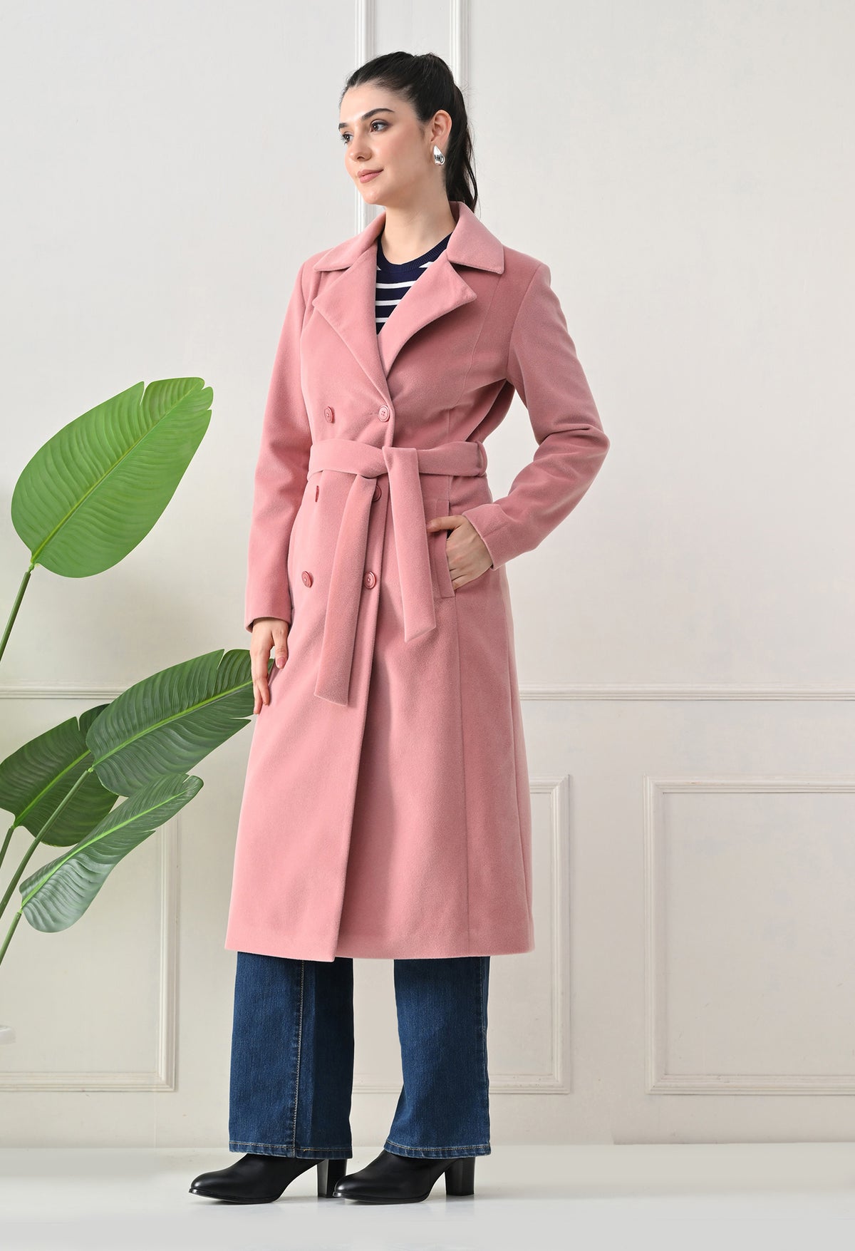 Women Belted Notched Lapel Double-Breasted Longline Pink Trench Coat – view 3