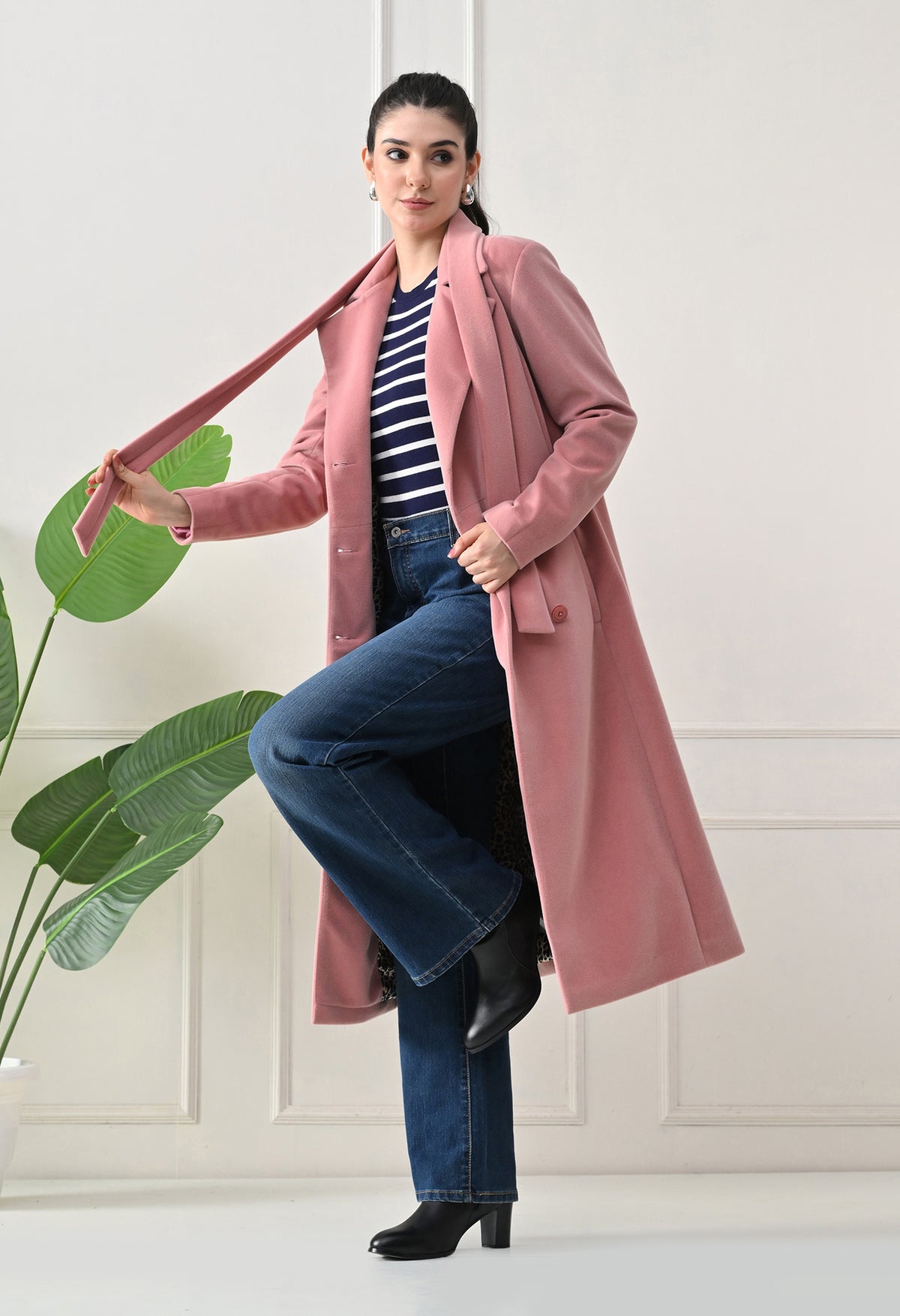 Women Belted Notched Lapel Double-Breasted Longline Pink Trench Coat – view 5
