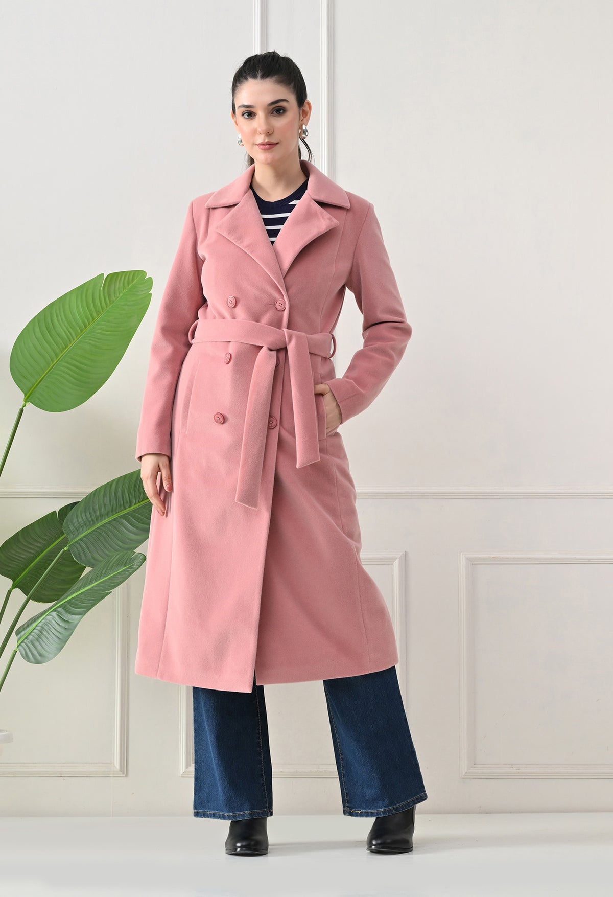 Women Belted Notched Lapel Double-Breasted Longline Pink Trench Coat – view 7