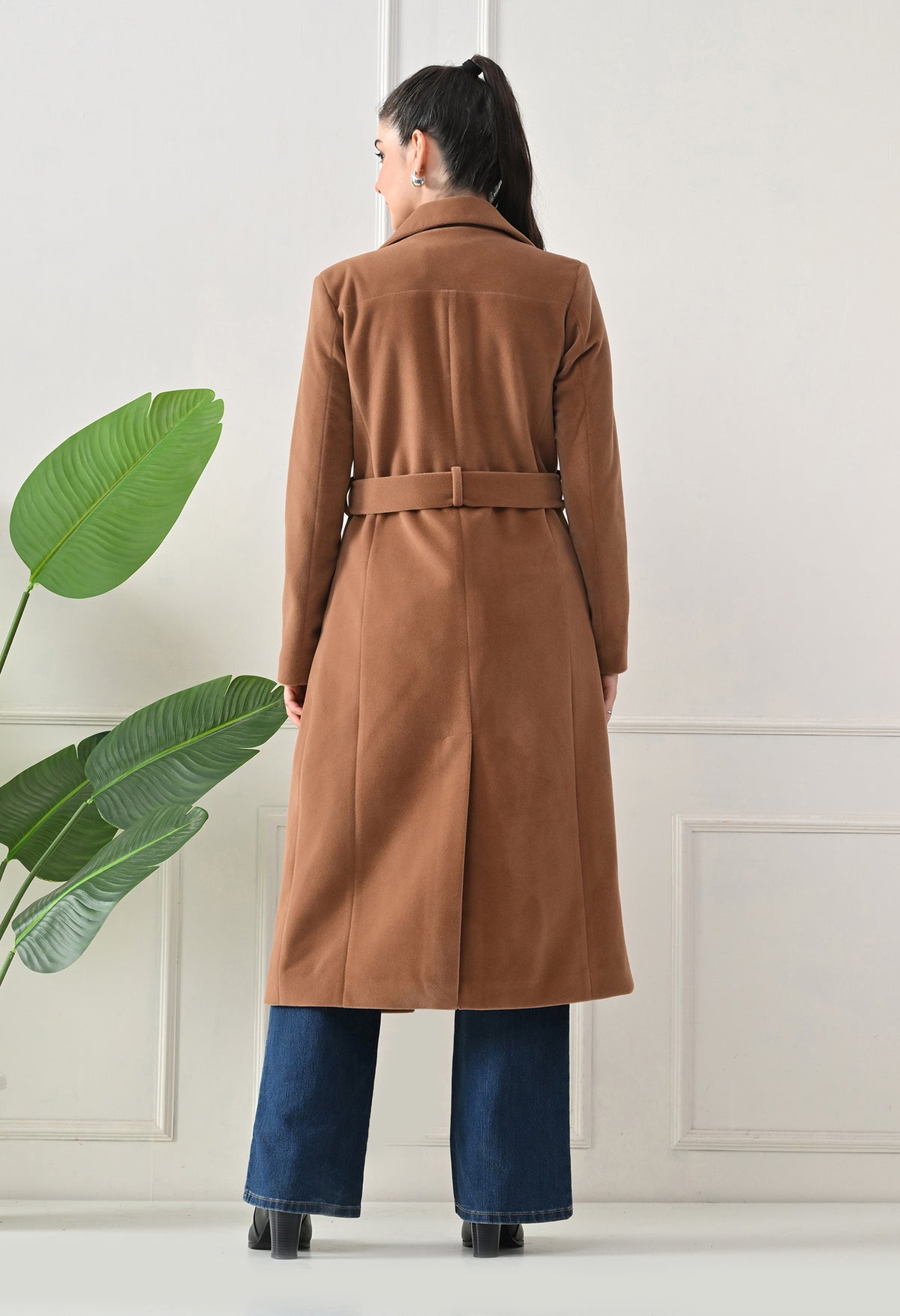 Women Belted Notched Lapel Double-Breasted Longline Tan Trench Coat – view 2