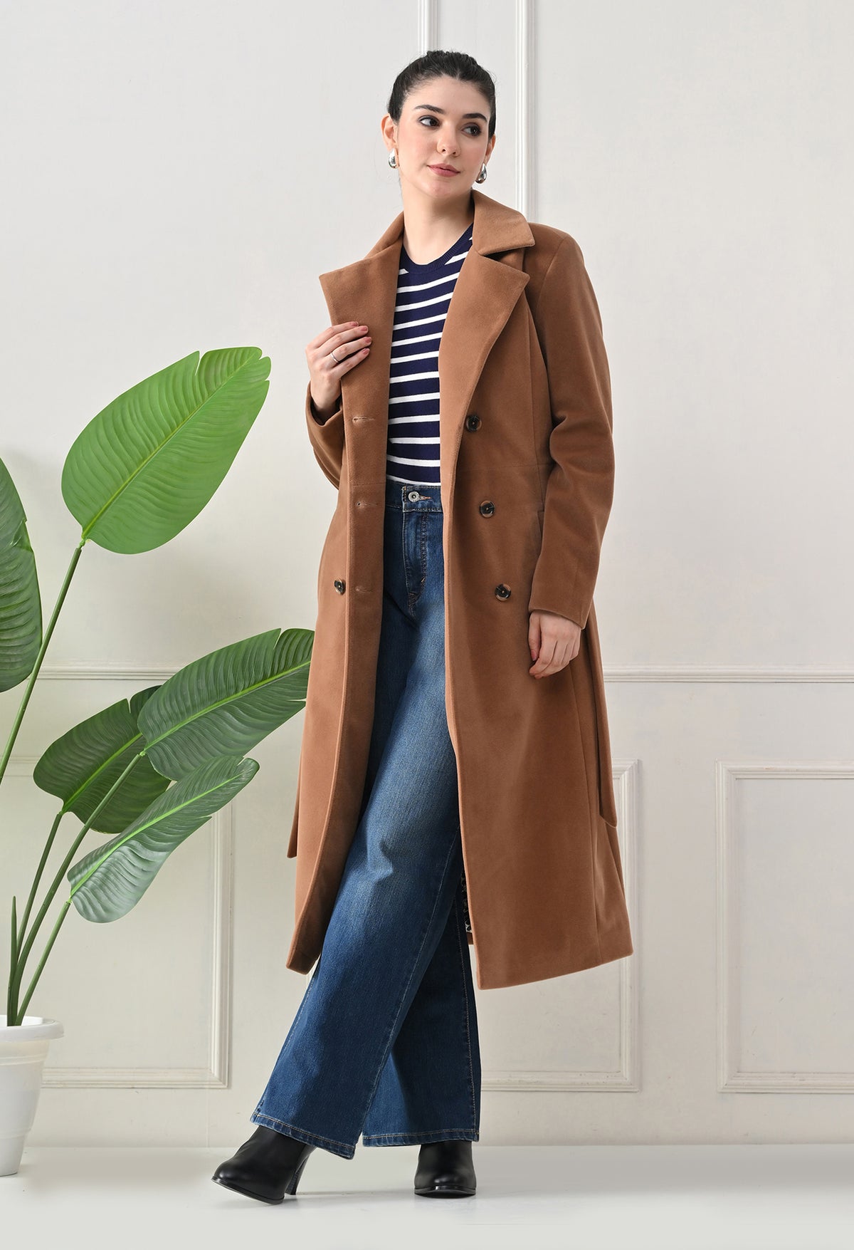 Women Belted Notched Lapel Double-Breasted Longline Tan Trench Coat – view 3