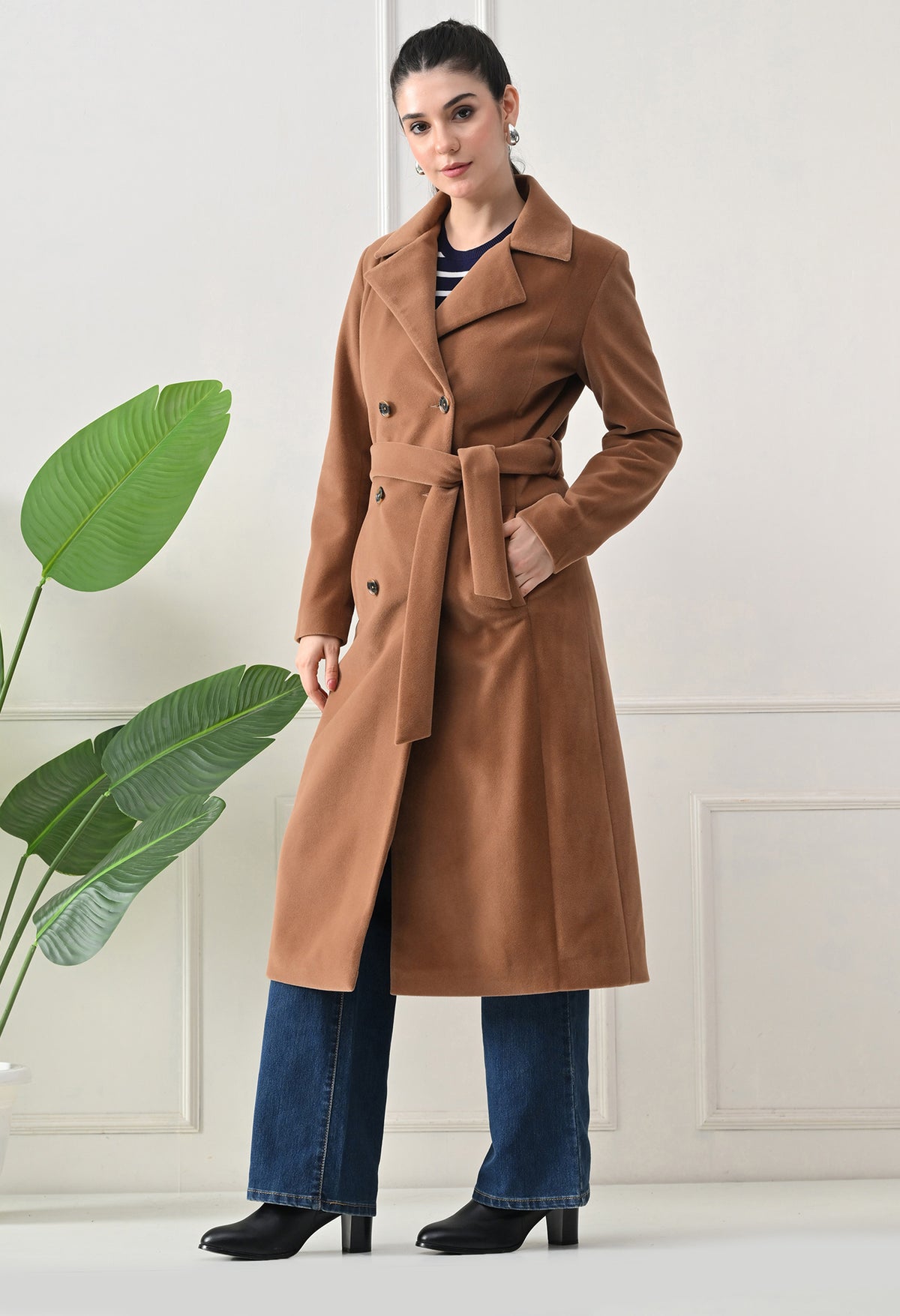 Women Belted Notched Lapel Double-Breasted Longline Tan Trench Coat – view 4