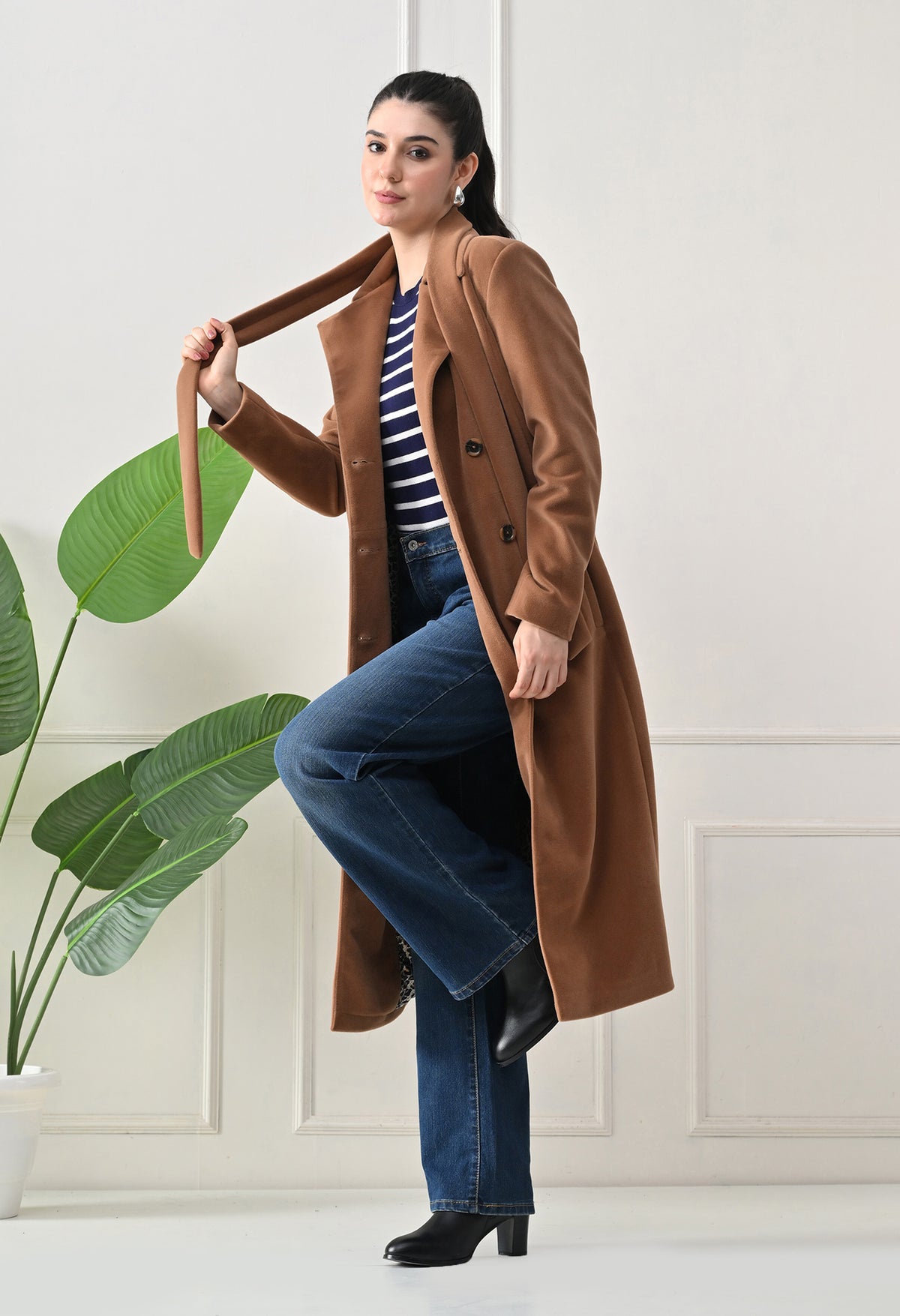 Women Belted Notched Lapel Double-Breasted Longline Tan Trench Coat – view 5