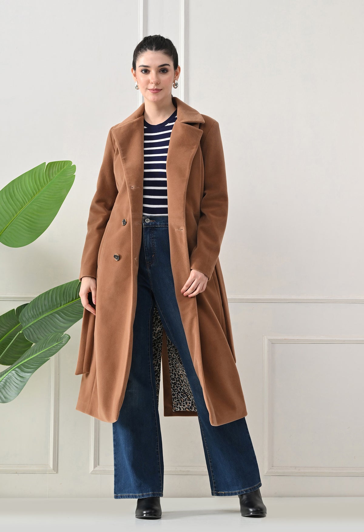 Women Belted Notched Lapel Double-Breasted Longline Tan Trench Coat – view 6