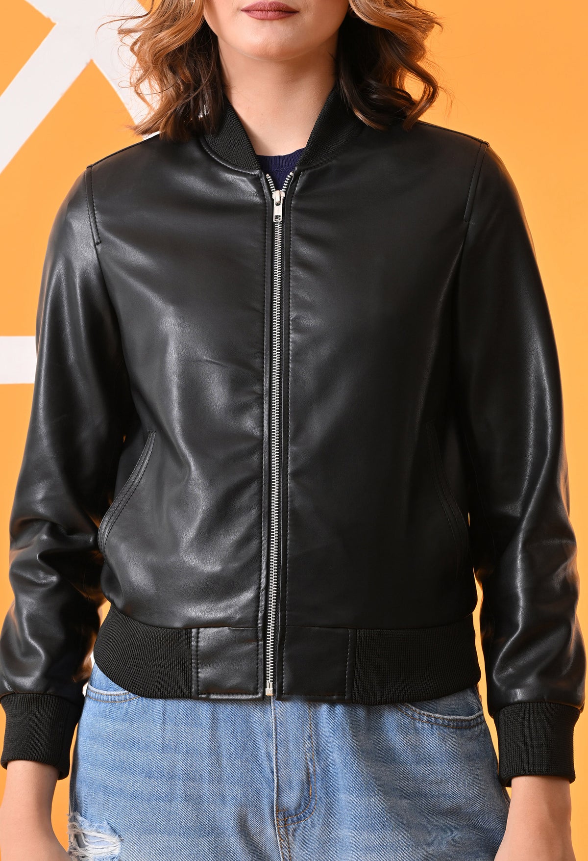 Stand Collar Leather Water Resistant Crop Outdoor Black Jacket for Women – view 4
