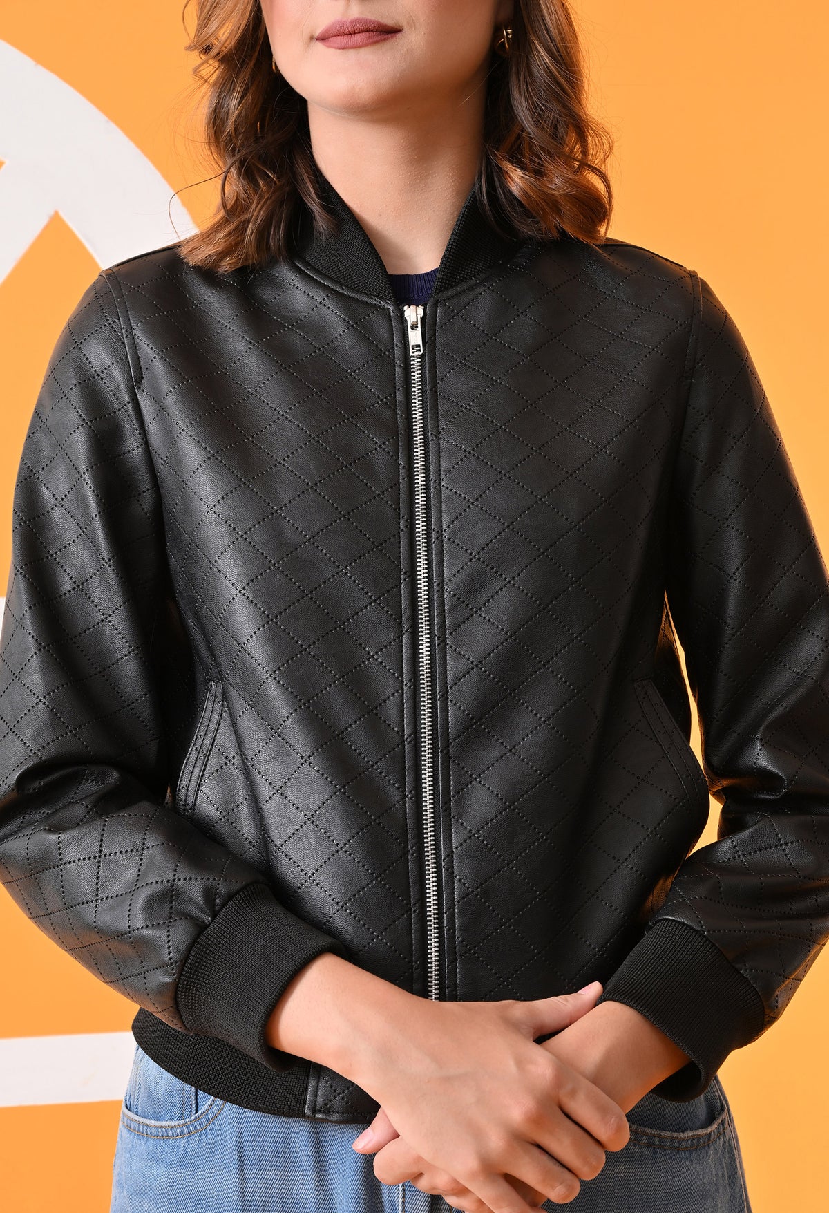 Stand Collar Leather Water Resistant Crop Outdoor Black Jacket for Women – view 5