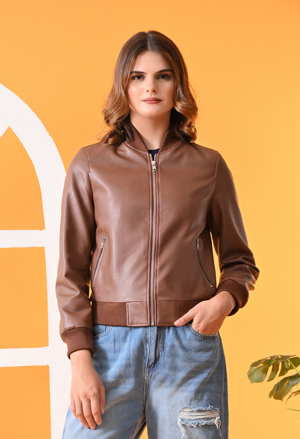 Stand Collar Leather Water Resistant Crop Outdoor Tan Bomber Jacket for Women – view 2