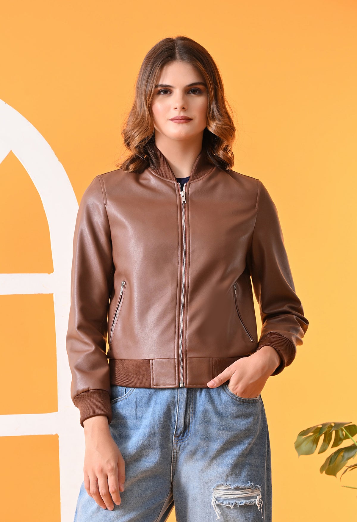 Stand Collar Leather Water Resistant Crop Outdoor Tan Bomber Jacket for Women – view 2