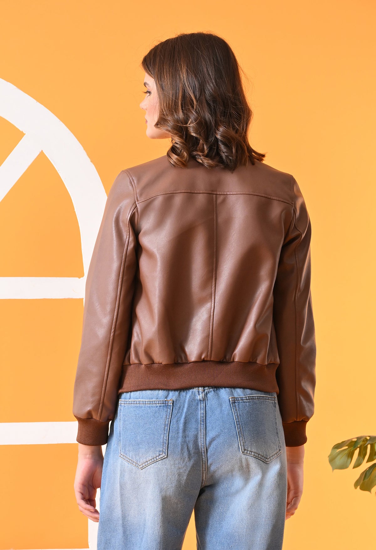 Stand Collar Leather Water Resistant Crop Outdoor Tan Bomber Jacket for Women – view 3