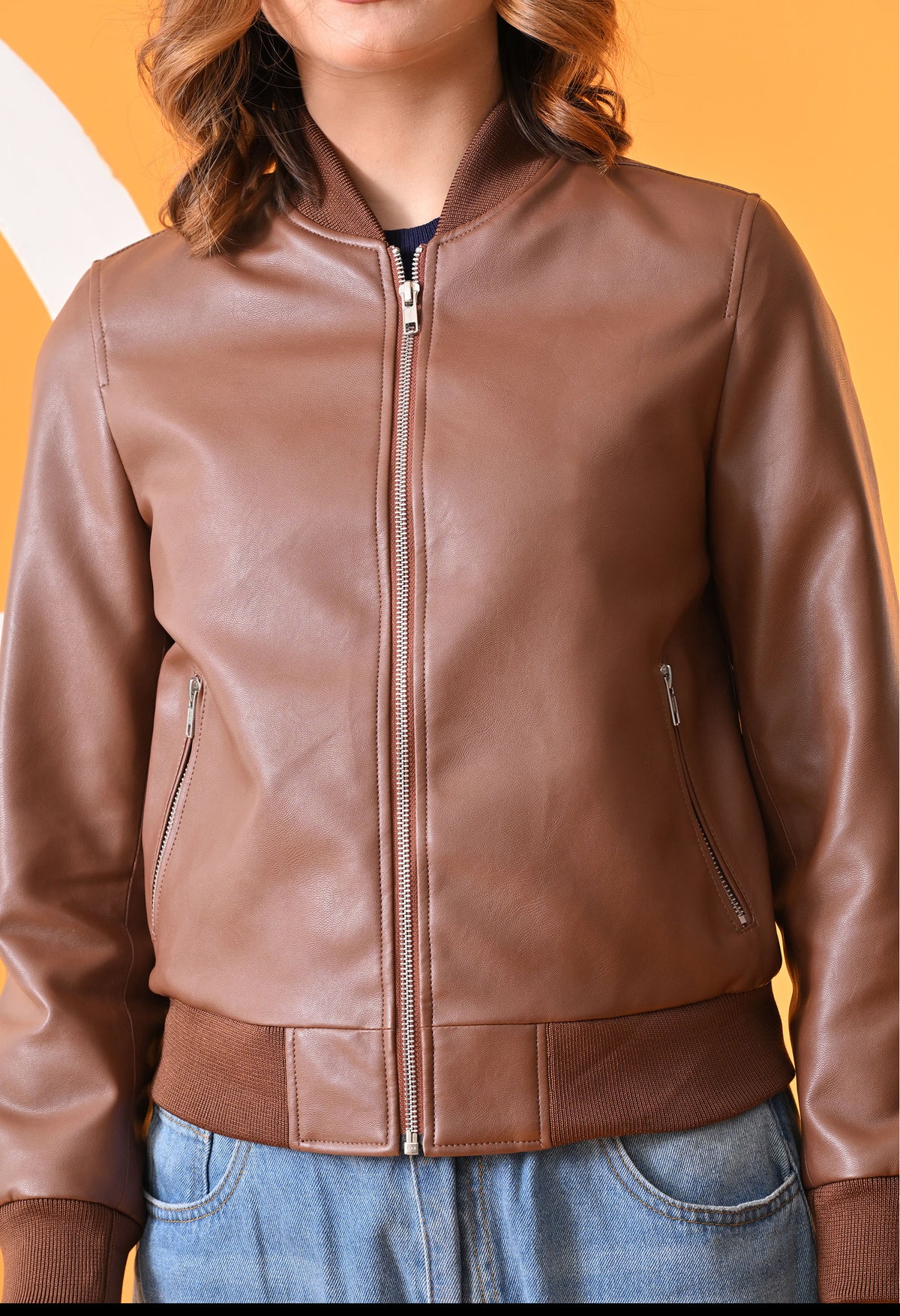 Stand Collar Leather Water Resistant Crop Outdoor Tan Bomber Jacket for Women – view 5