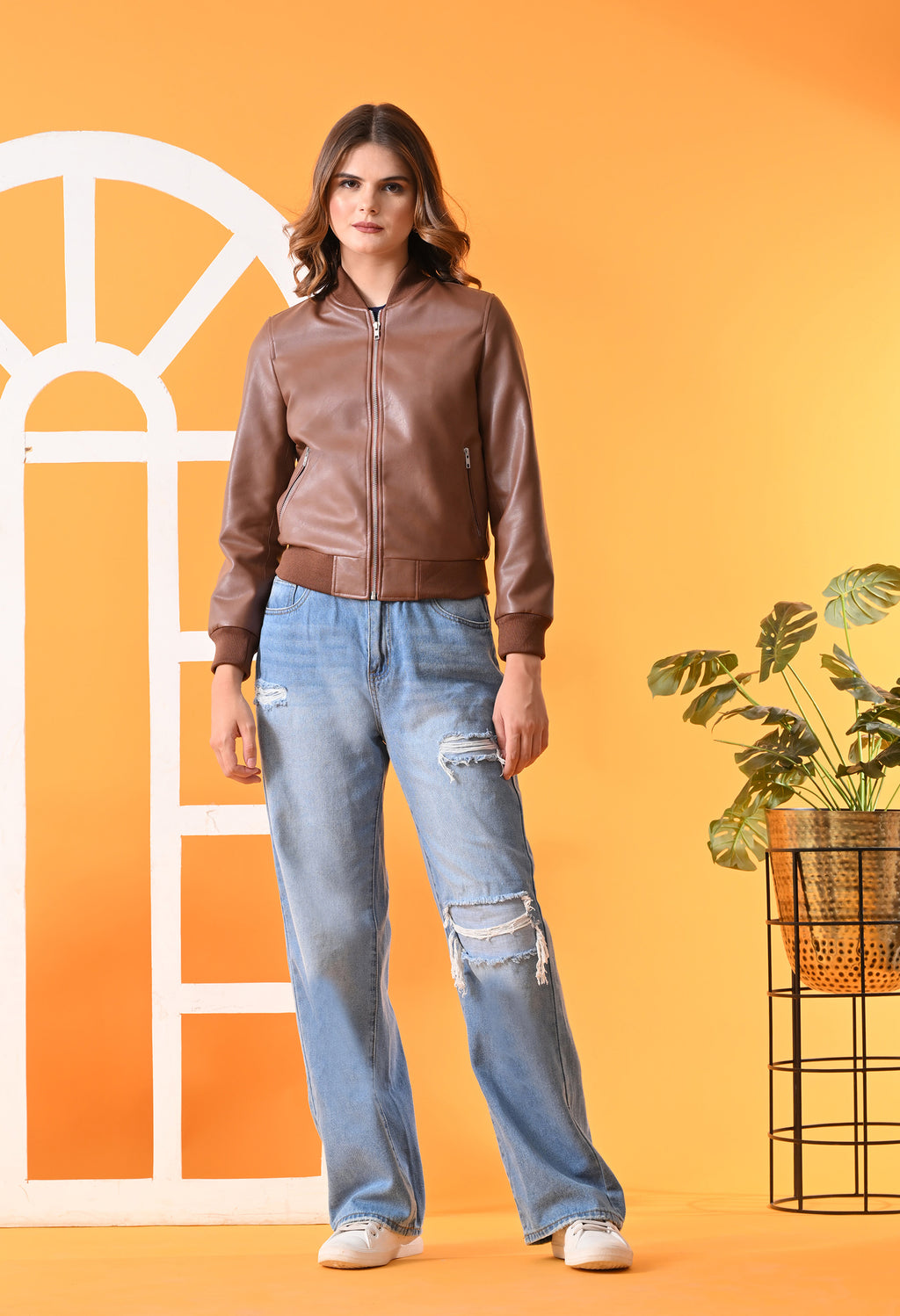 Stand Collar Leather Water Resistant Crop Outdoor Tan Bomber Jacket for Women – view 6