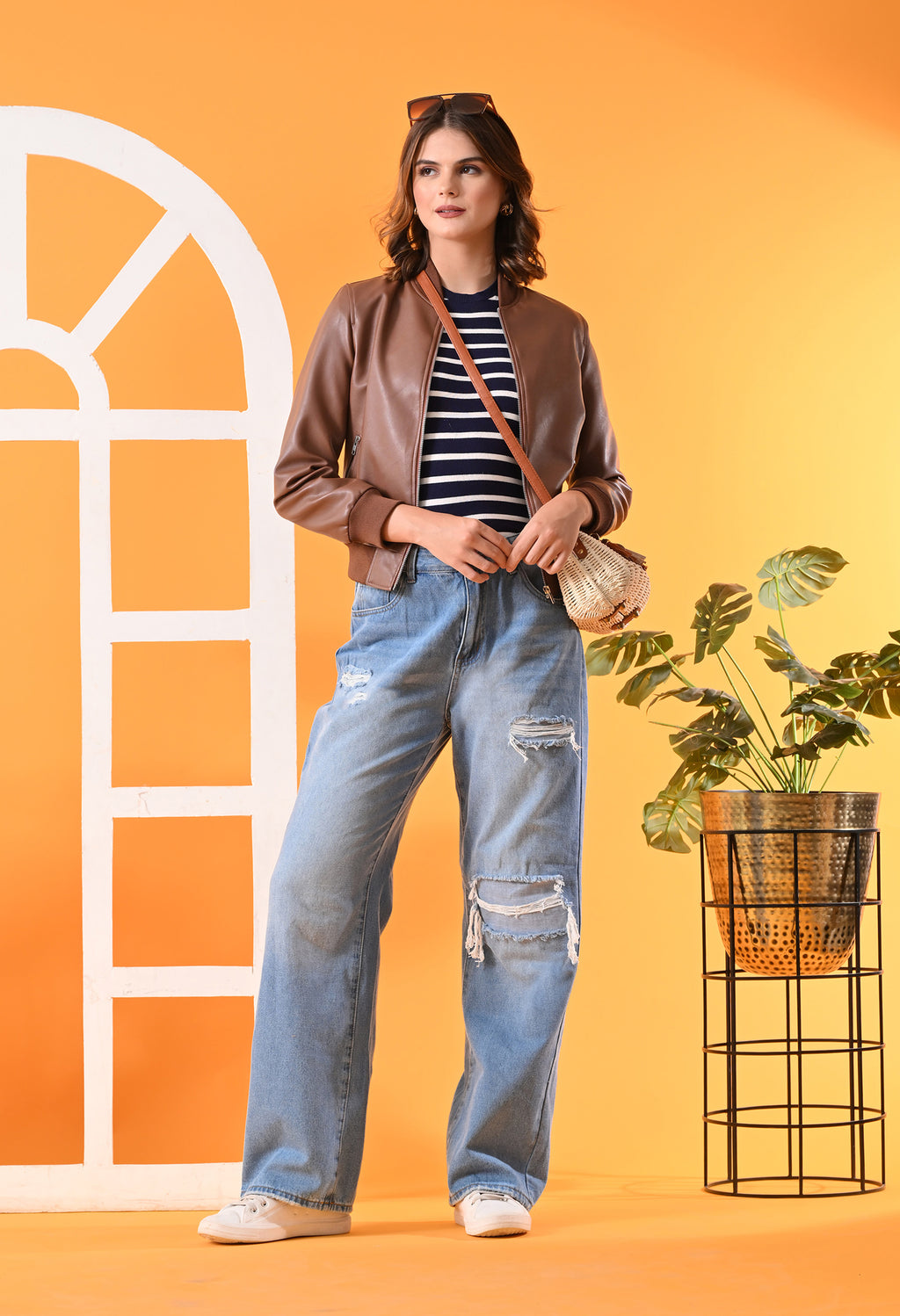 Stand Collar Leather Water Resistant Crop Outdoor Tan Bomber Jacket for Women – view 7