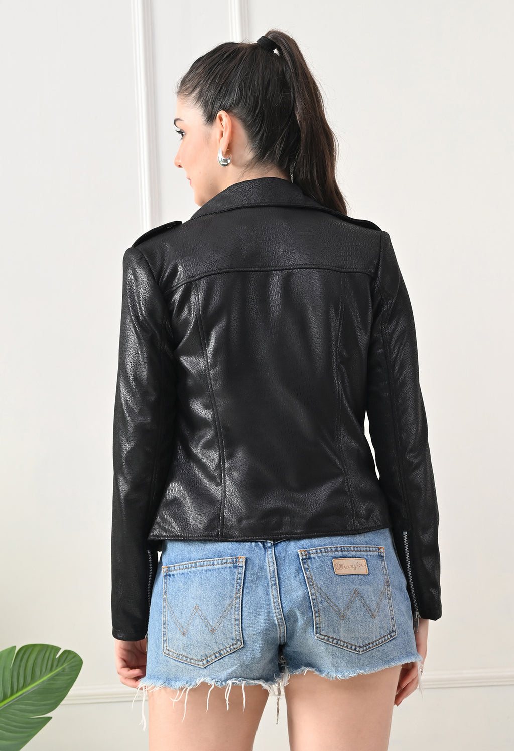 Lapel Collar Solid Water Resistant Biker Black Jacket for women – view 2