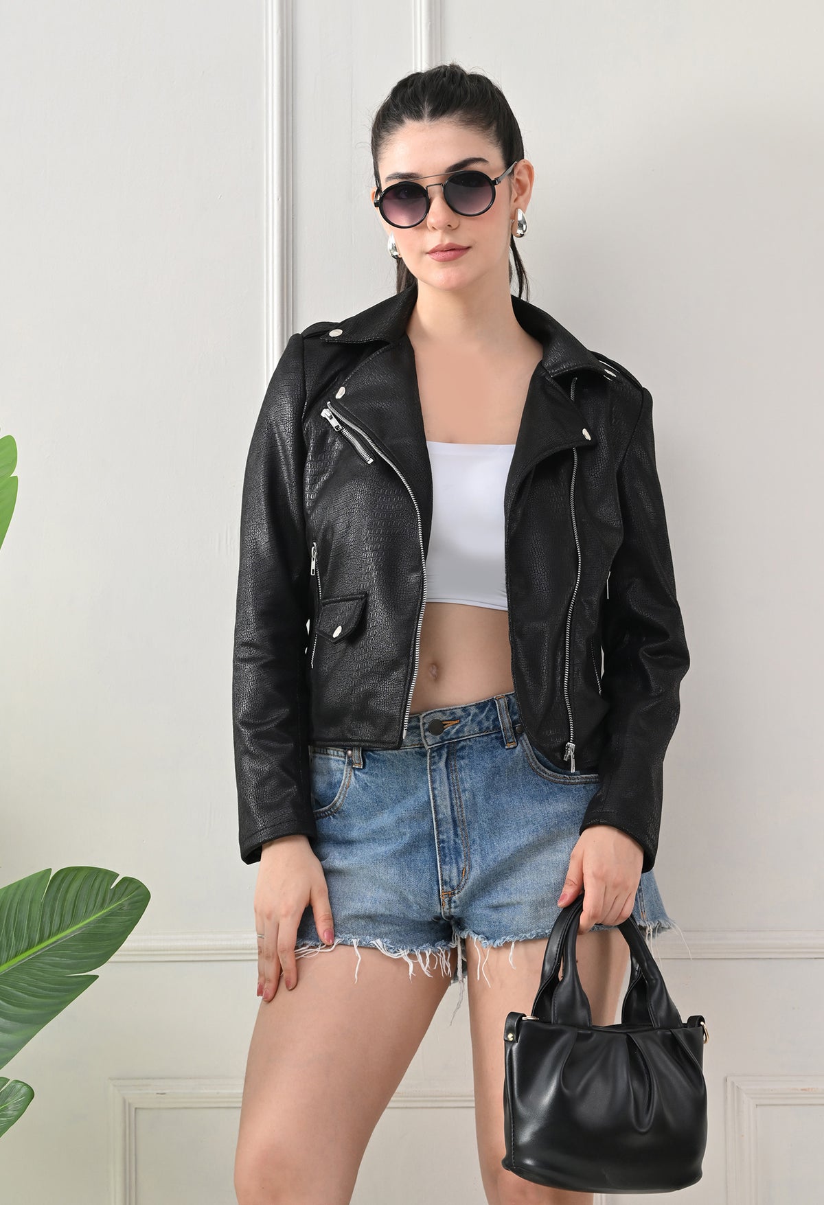 Lapel Collar Solid Water Resistant Biker Black Jacket for women – view 5