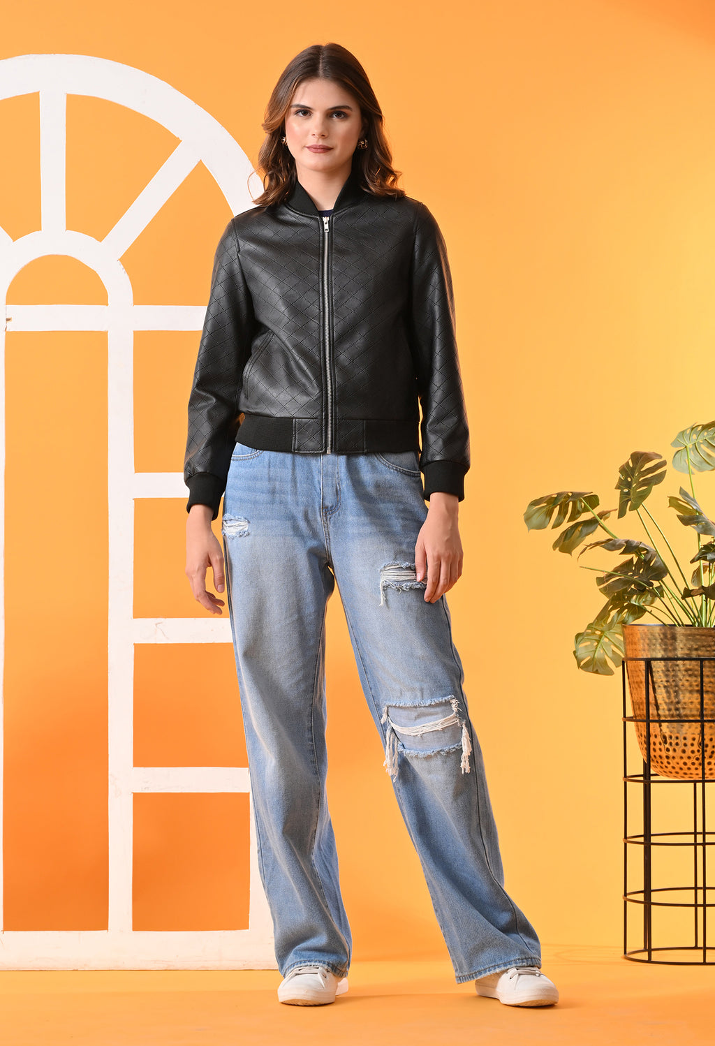 Stand Collar Leather Water Resistant Crop Outdoor Bomber Jacket For Women – view 6