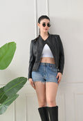 Lapel Collar Solid Water Resistant Black Biker Jacket for Women – view 5