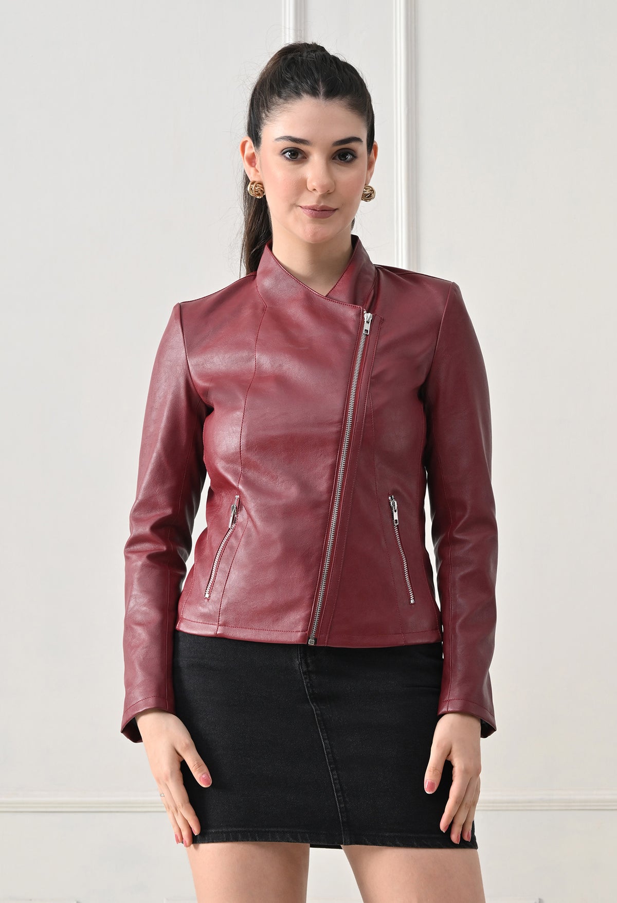 Lapel Collar Solid Water Resistant Maroon Biker Jacket for Women