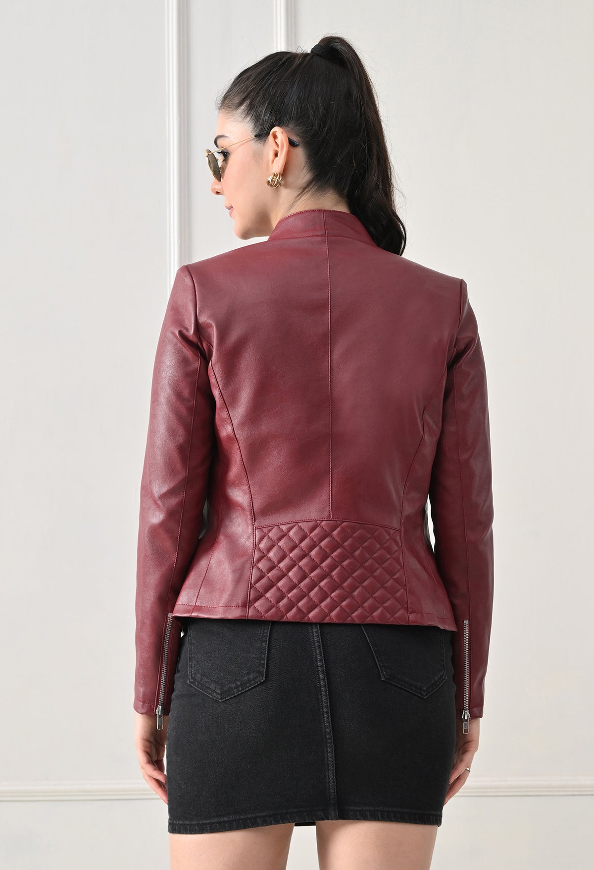 Lapel Collar Solid Water Resistant Maroon Biker Jacket for Women – view 2