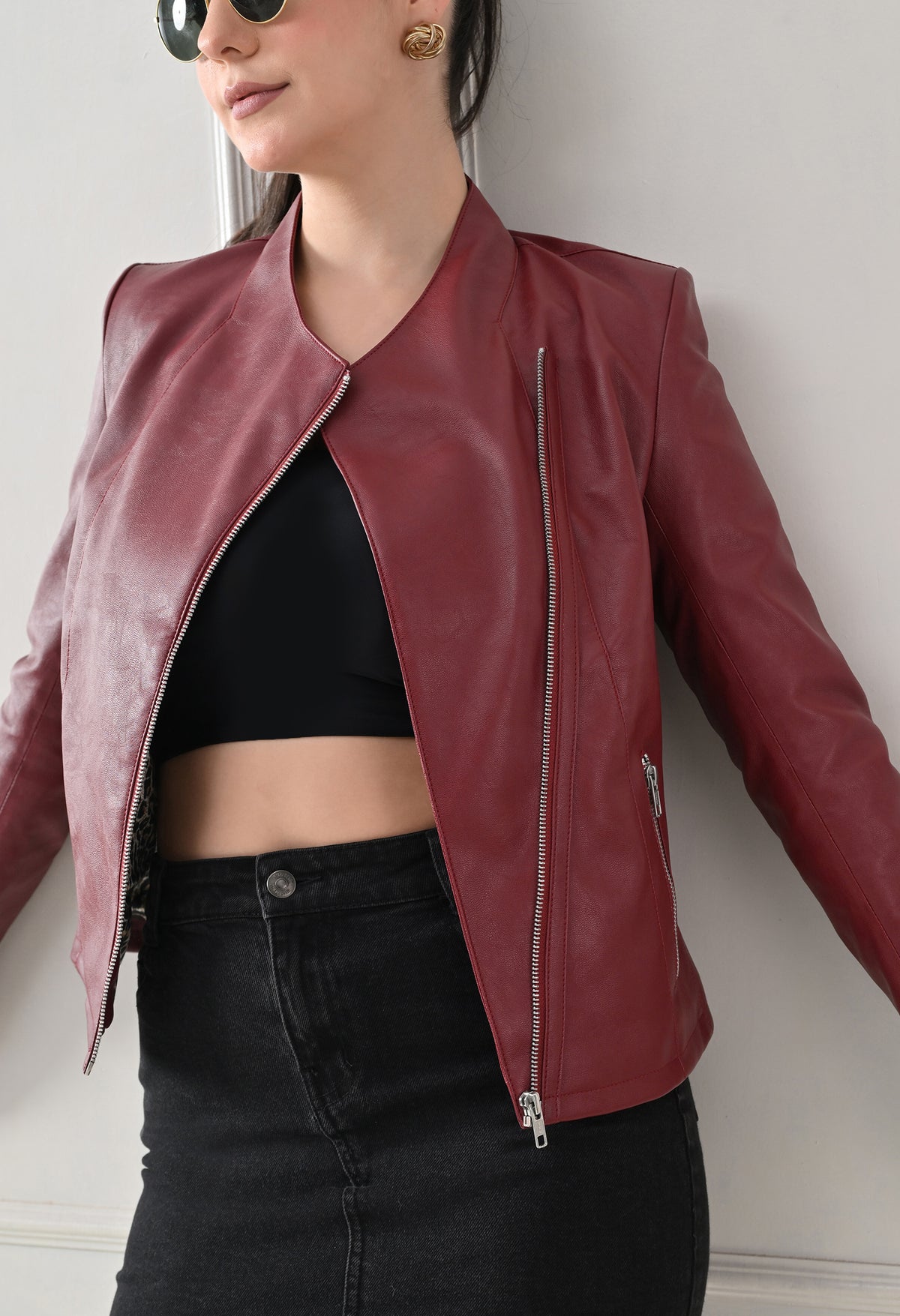 Lapel Collar Solid Water Resistant Maroon Biker Jacket for Women – view 3