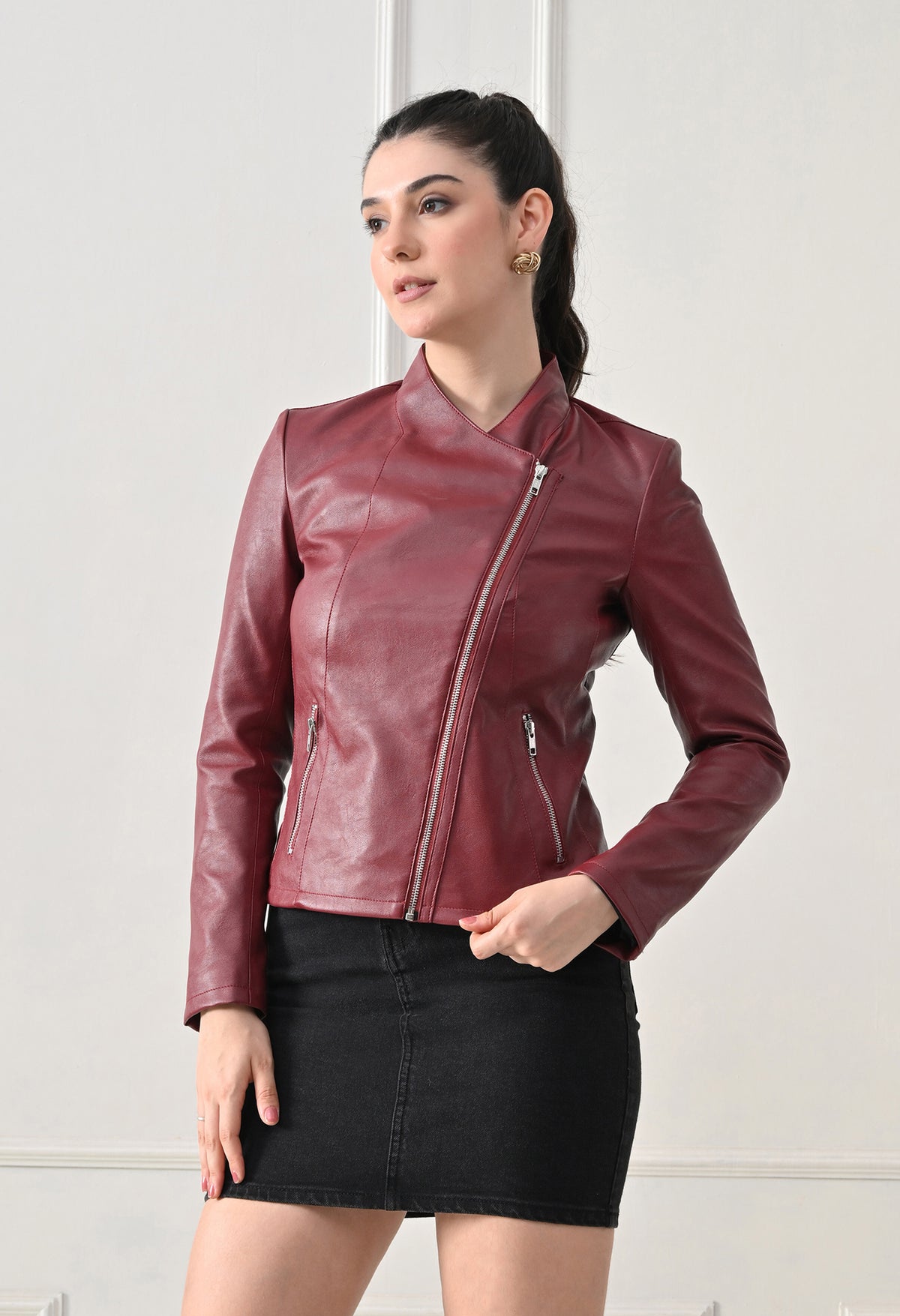 Lapel Collar Solid Water Resistant Maroon Biker Jacket for Women – view 4