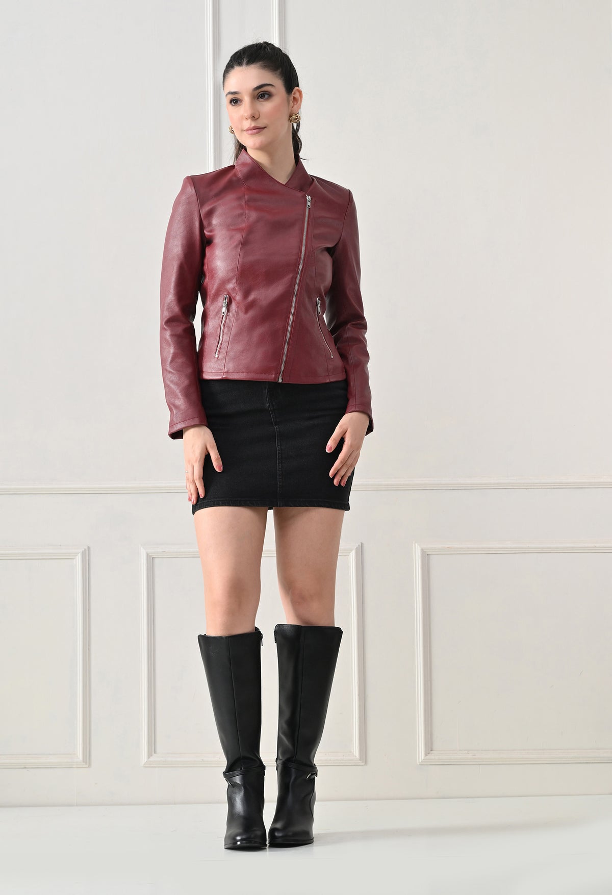 Lapel Collar Solid Water Resistant Maroon Biker Jacket for Women – view 5