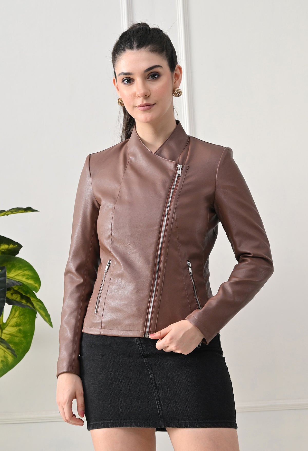 Lapel Collar Solid Water Resistant Tan Biker Jacket for Women