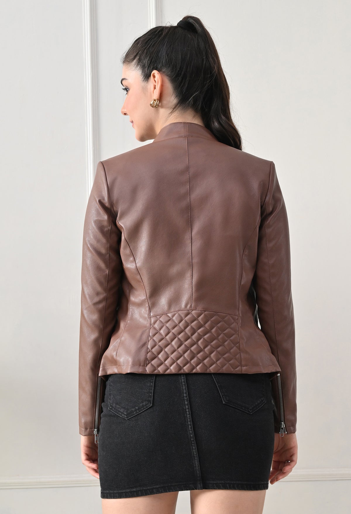 Lapel Collar Solid Water Resistant Tan Biker Jacket for Women – view 2