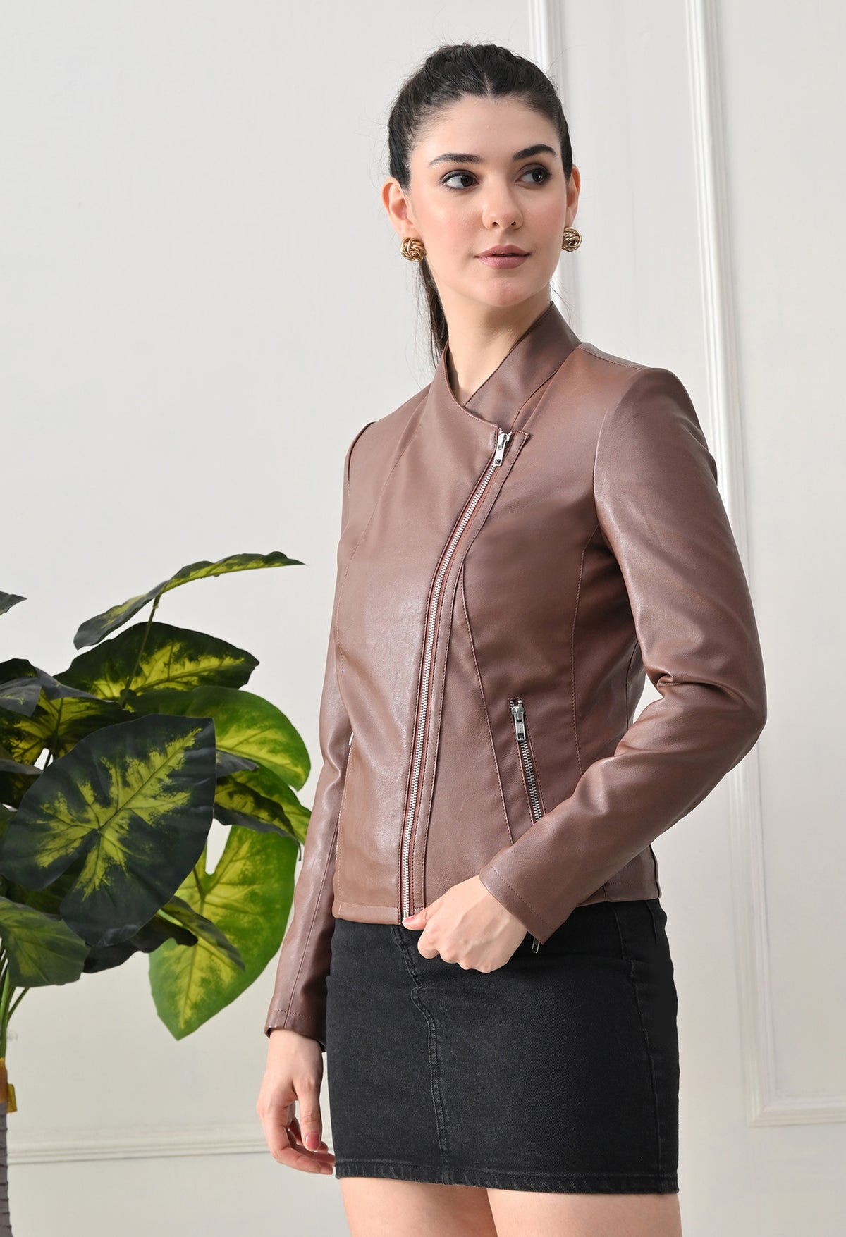 Lapel Collar Solid Water Resistant Tan Biker Jacket for Women – view 3