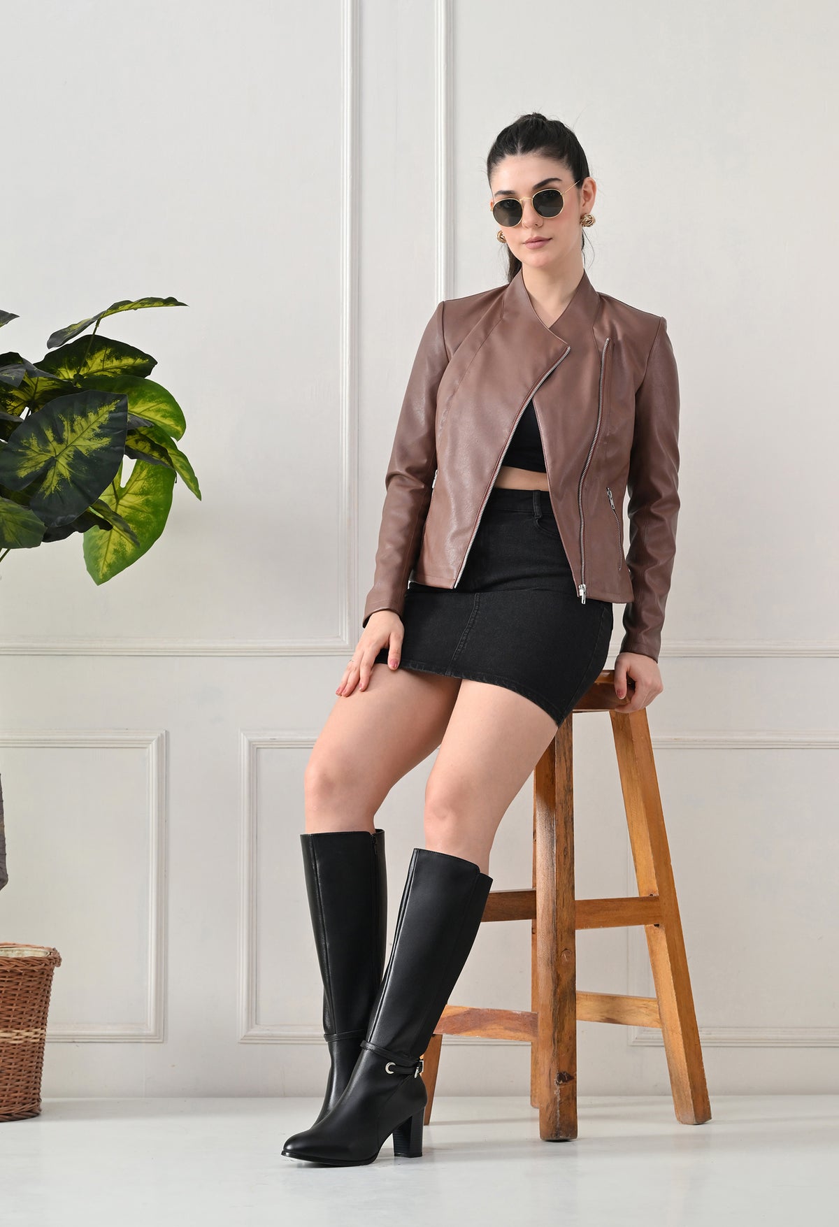 Lapel Collar Solid Water Resistant Tan Biker Jacket for Women – view 4
