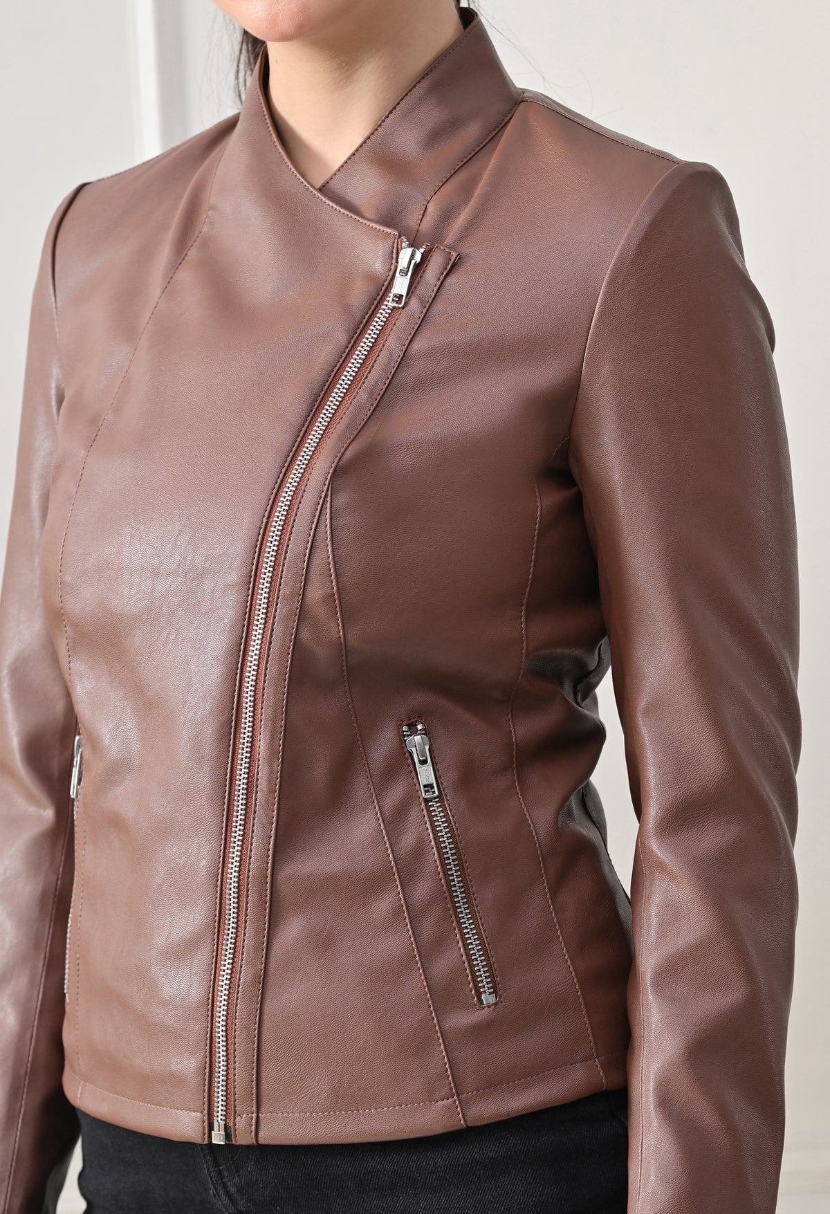 Lapel Collar Solid Water Resistant Tan Biker Jacket for Women – view 5