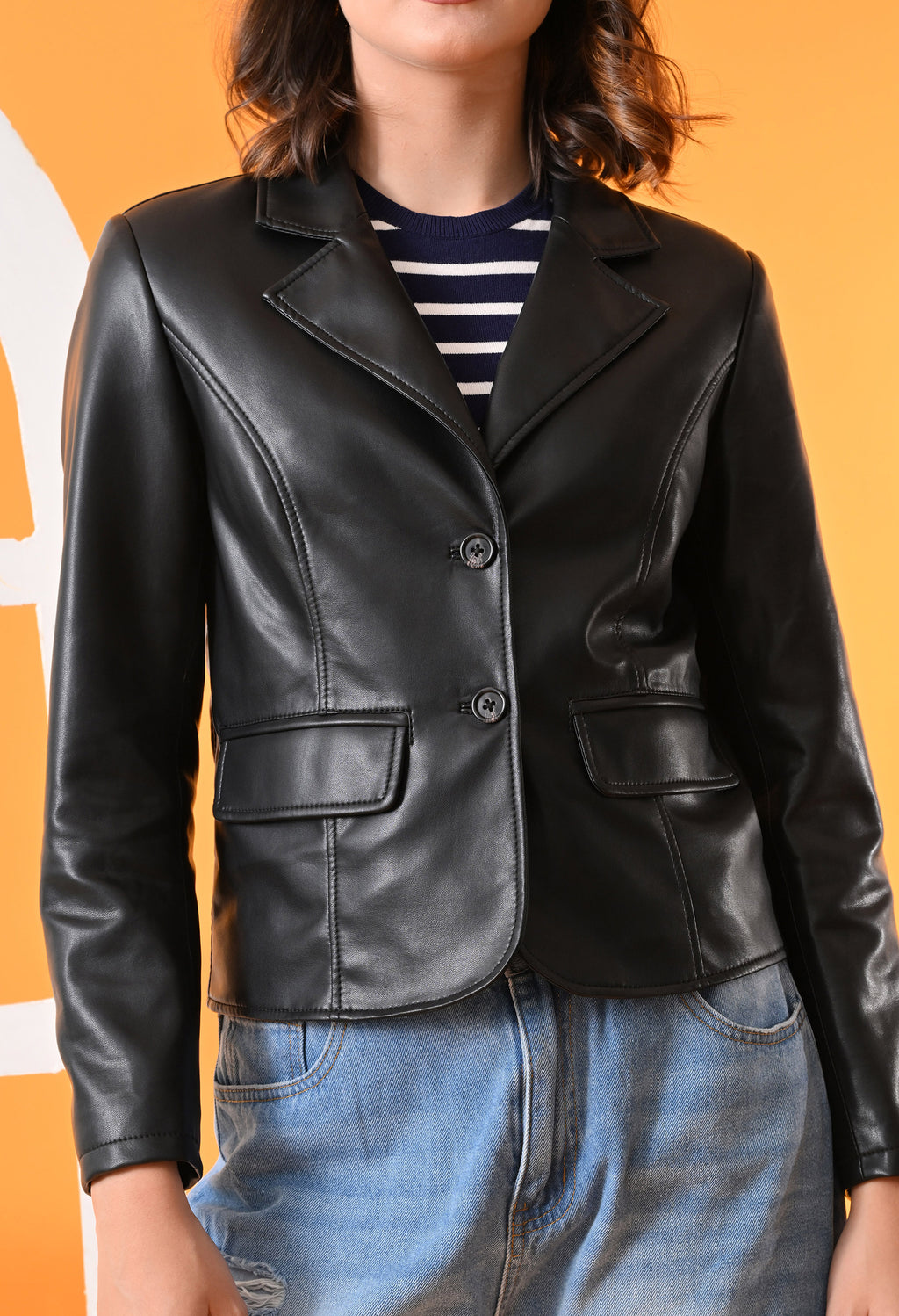 Lapel Collar Leather Water Resistant Crop Outdoor Bomber Black Jacket For Women. – view 4