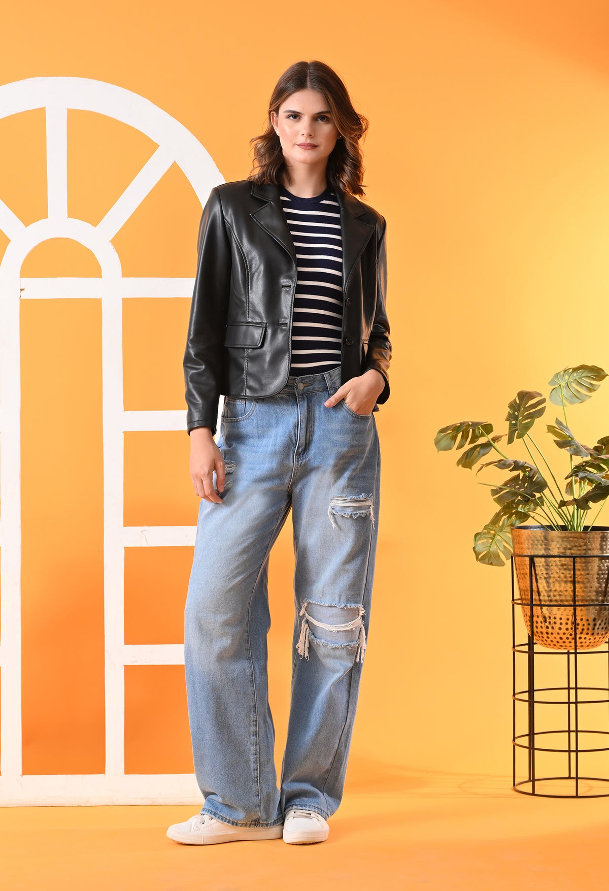 Lapel Collar Leather Water Resistant Crop Outdoor Bomber Black Jacket For Women. – view 7