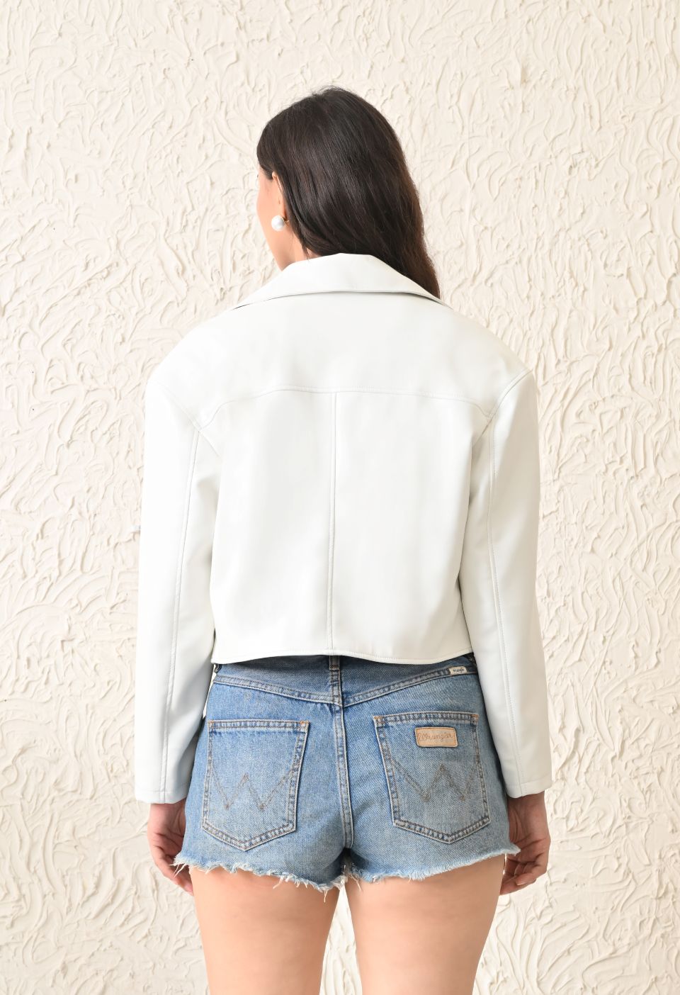Washed Leather Water Resistant Crop Oversized Bomber White Jacket – view 2