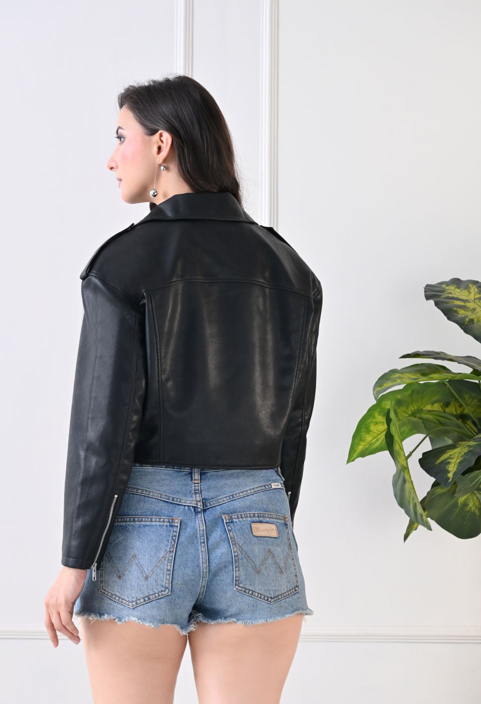 Washed Leather Water Resistant Crop Oversized Black Jacket – view 2