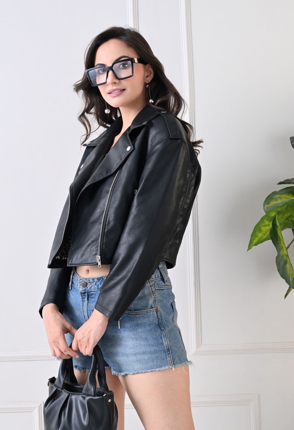 Washed Leather Water Resistant Crop Oversized Black Jacket – view 5