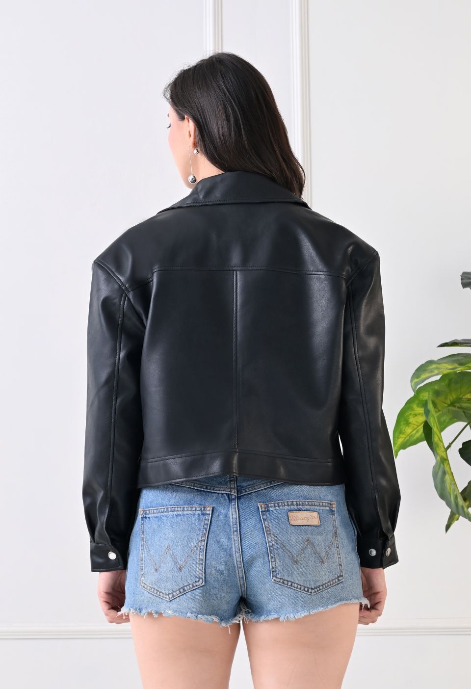 Washed Leather Water Resistant Crop Oversized Bomber Black Jacket – view 2