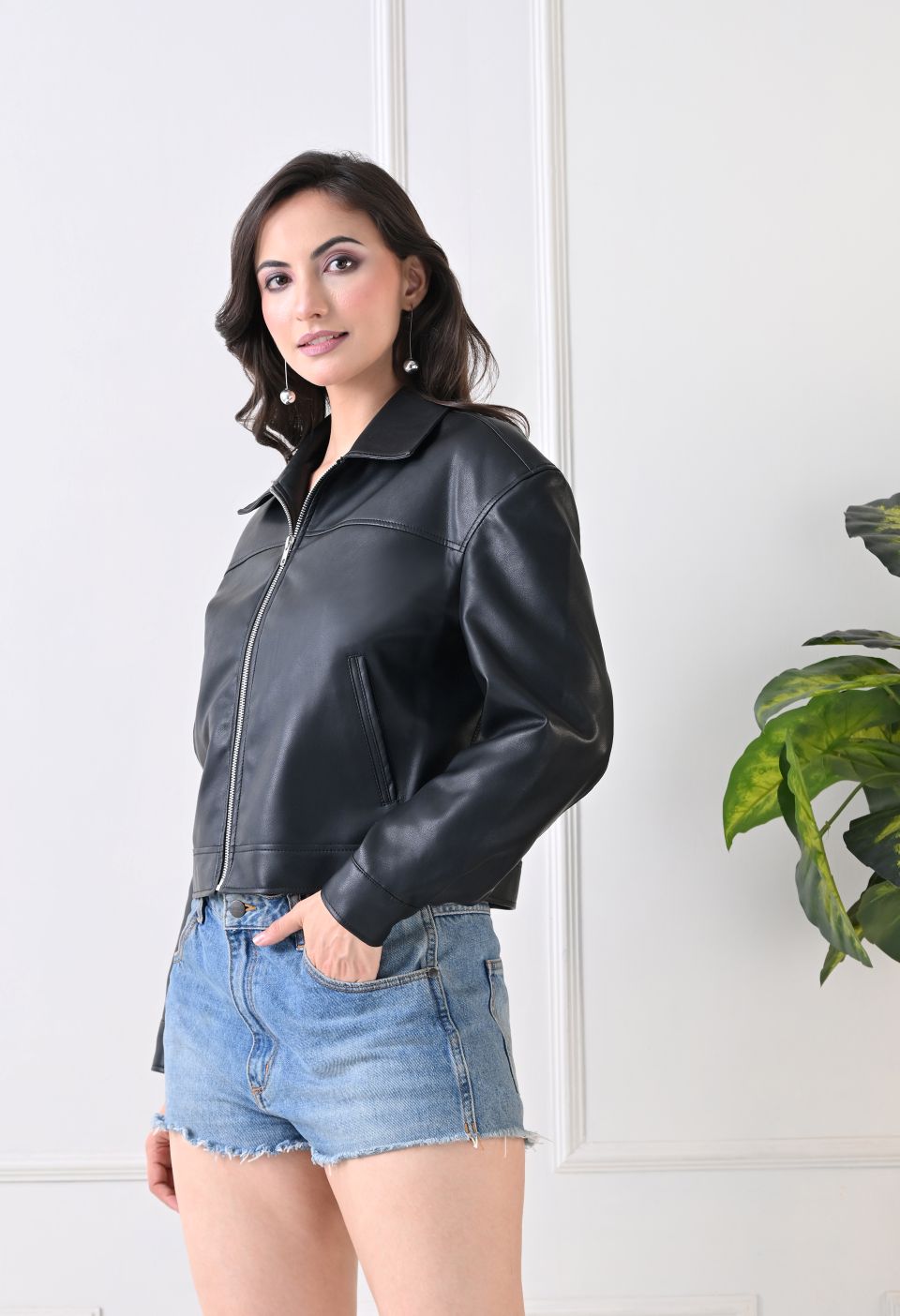 Washed Leather Water Resistant Crop Oversized Bomber Black Jacket – view 3