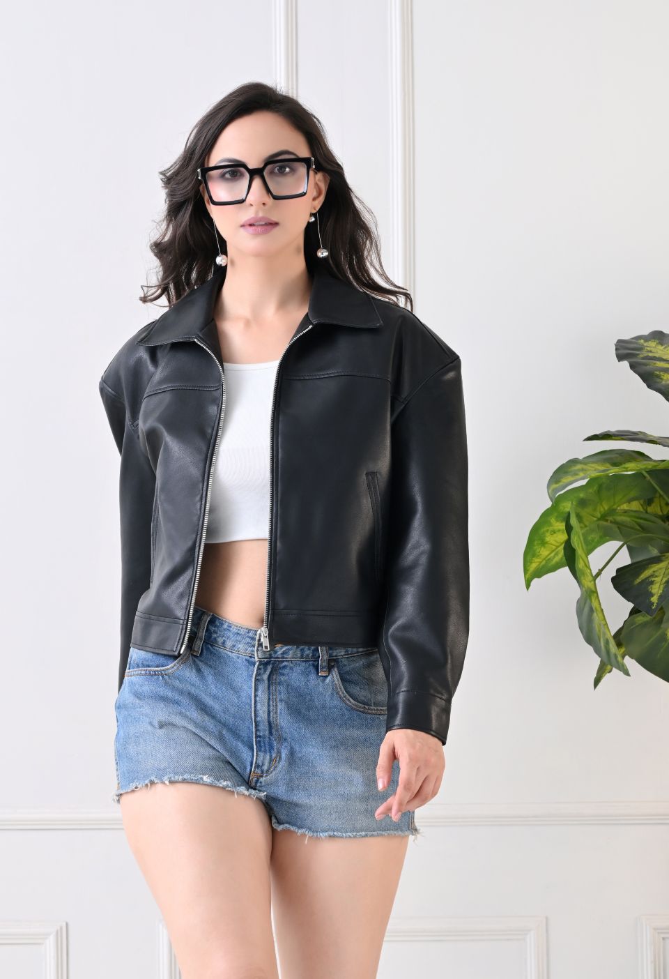 Washed Leather Water Resistant Crop Oversized Bomber Black Jacket – view 4