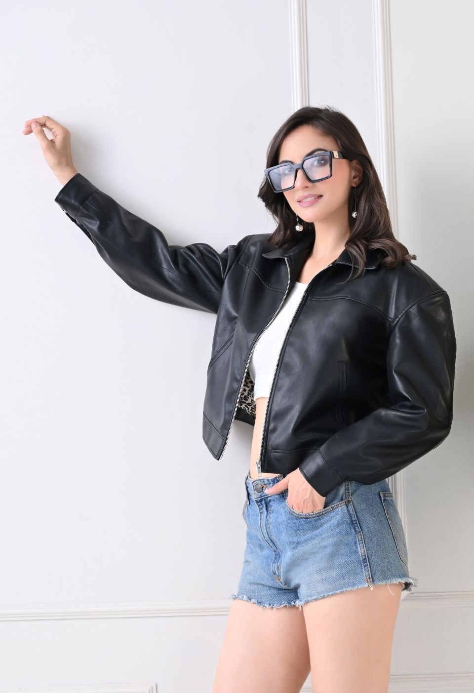 Washed Leather Water Resistant Crop Oversized Bomber Black Jacket – view 5