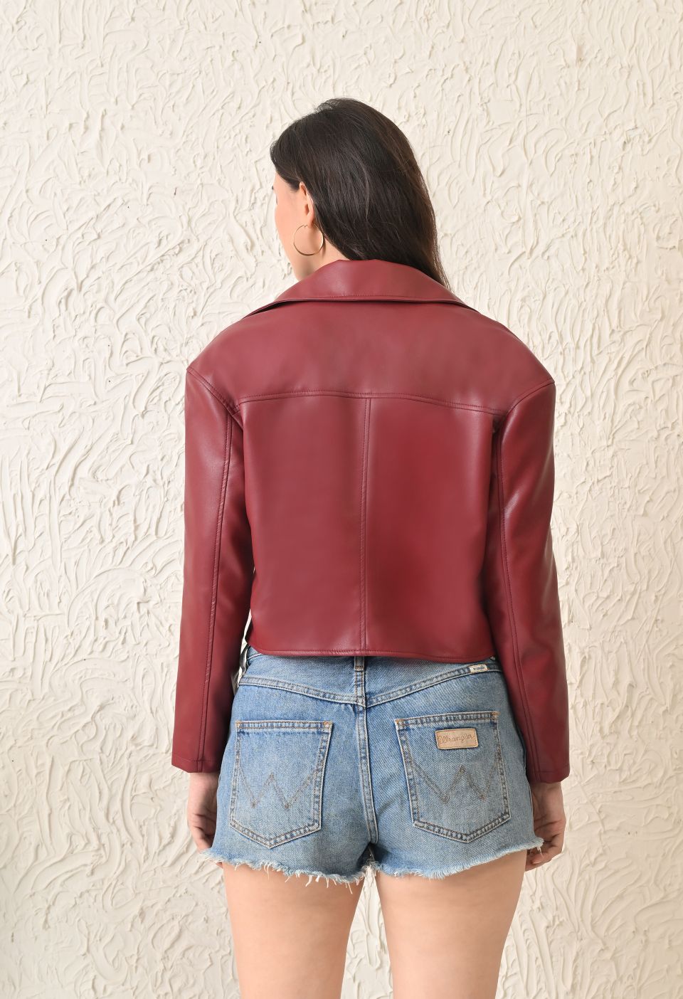 Washed Leather Water Resistant Crop Oversized Bomber Maroon Jacket – view 2