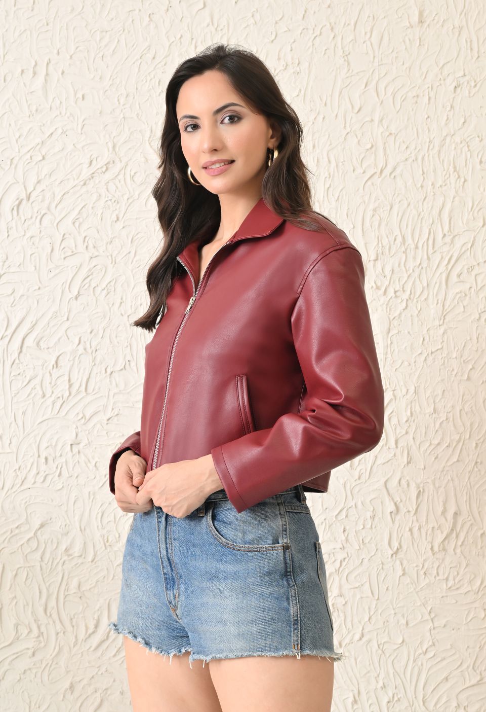 Washed Leather Water Resistant Crop Oversized Bomber Maroon Jacket – view 3