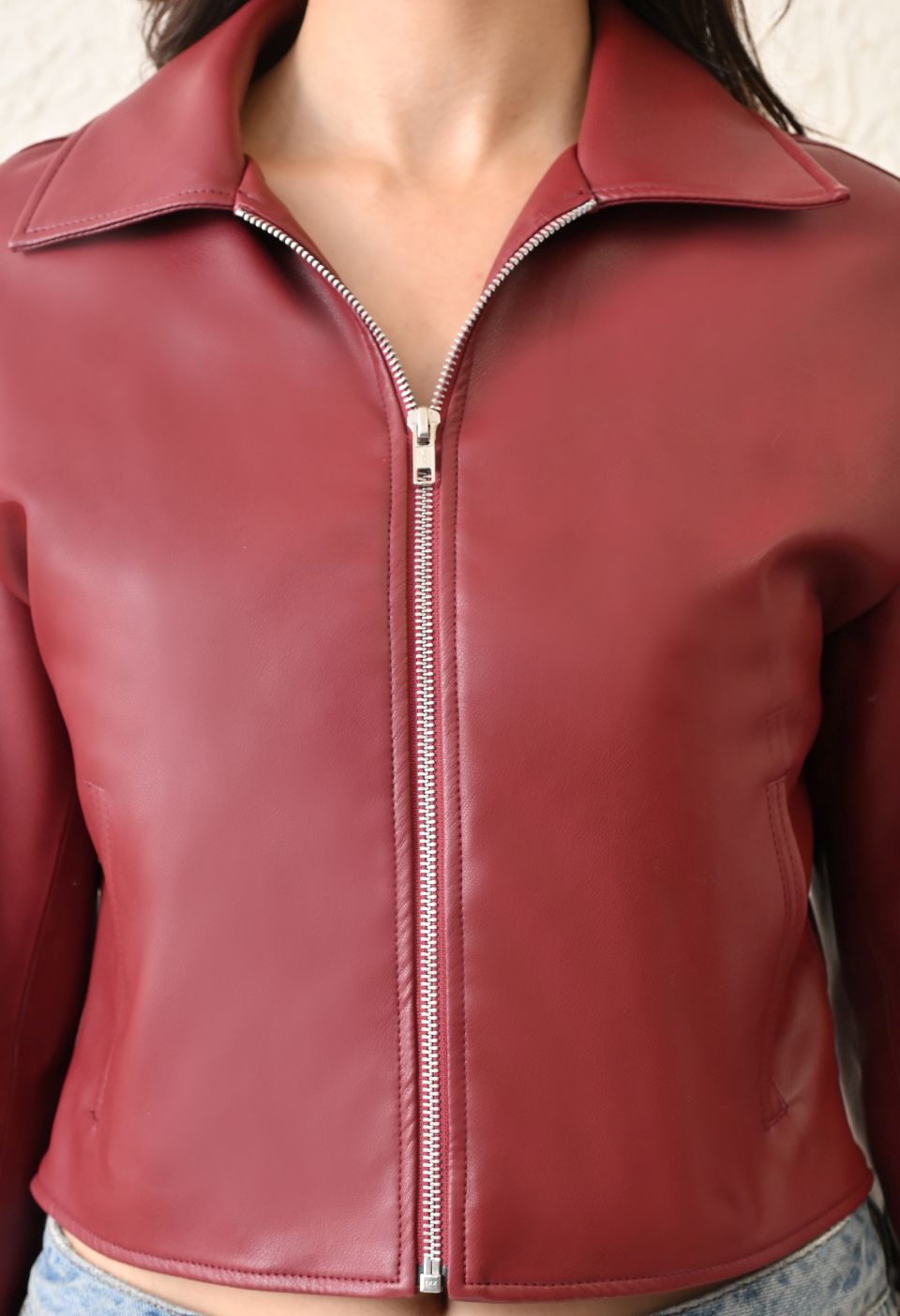 Washed Leather Water Resistant Crop Oversized Bomber Maroon Jacket – view 4