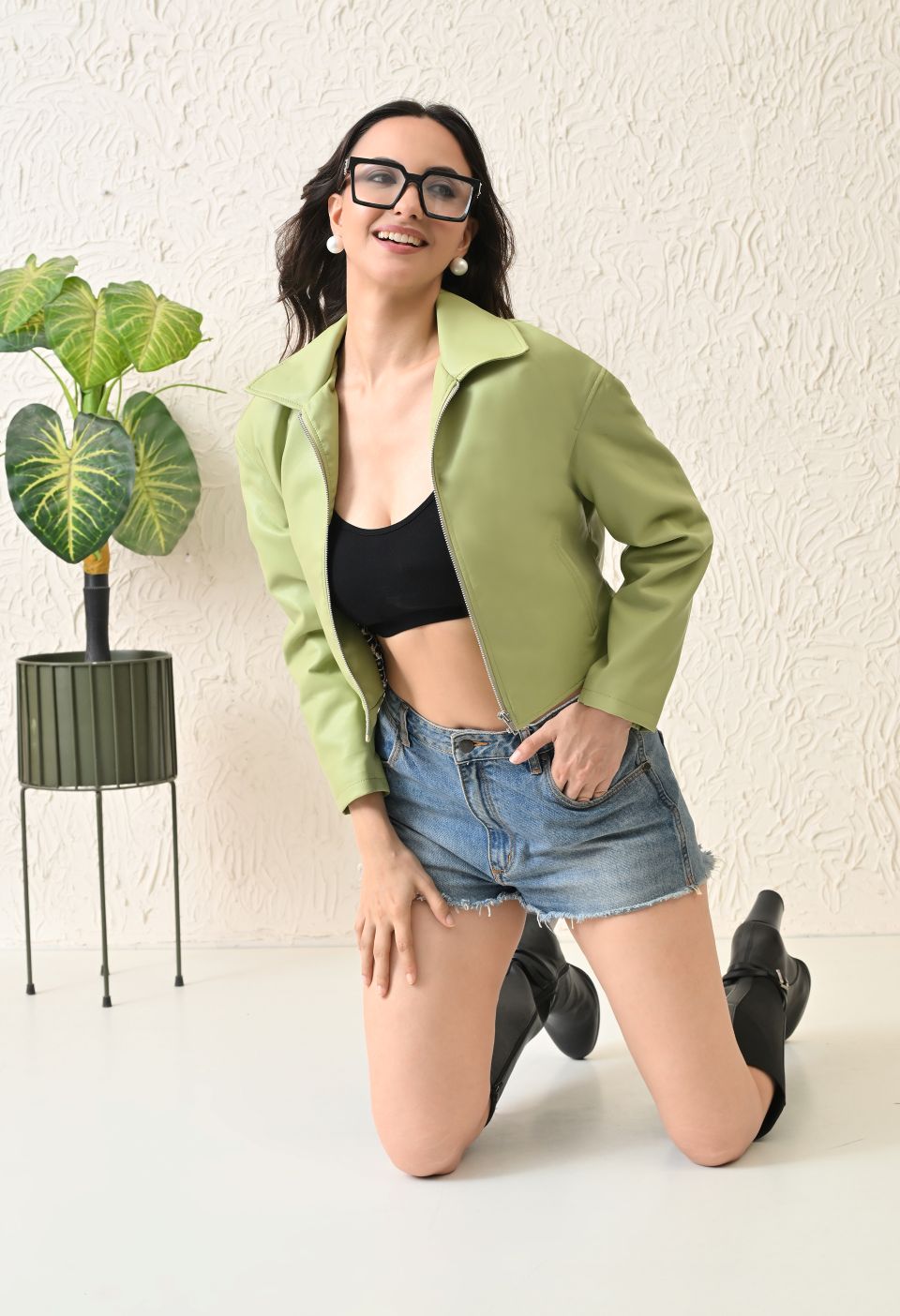 Washed Leather Water Resistant Crop Oversized Bomber Neon Green Jacket – view 4