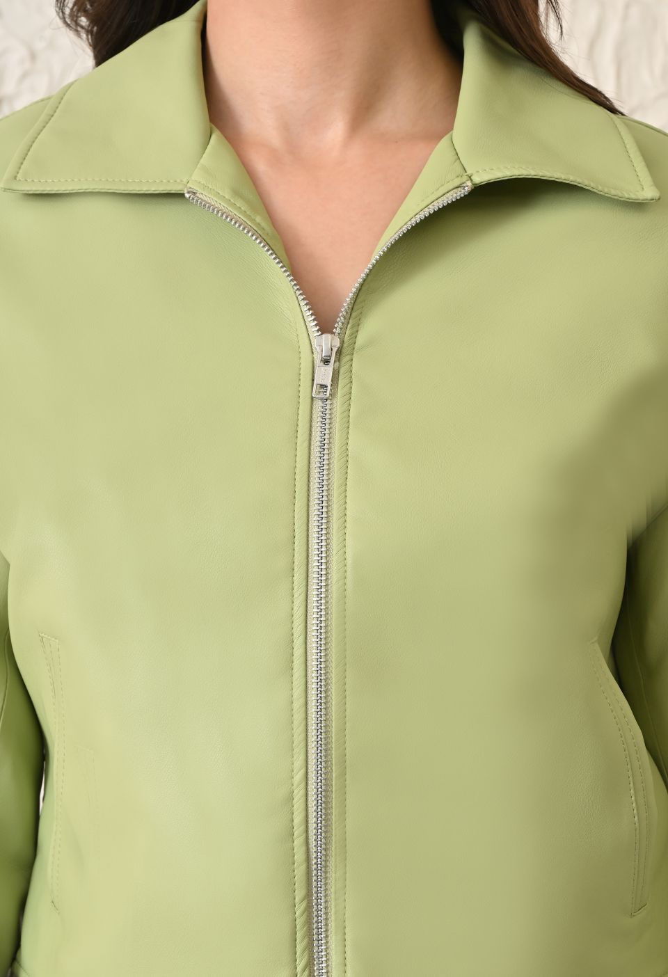 Washed Leather Water Resistant Crop Oversized Bomber Neon Green Jacket – view 5