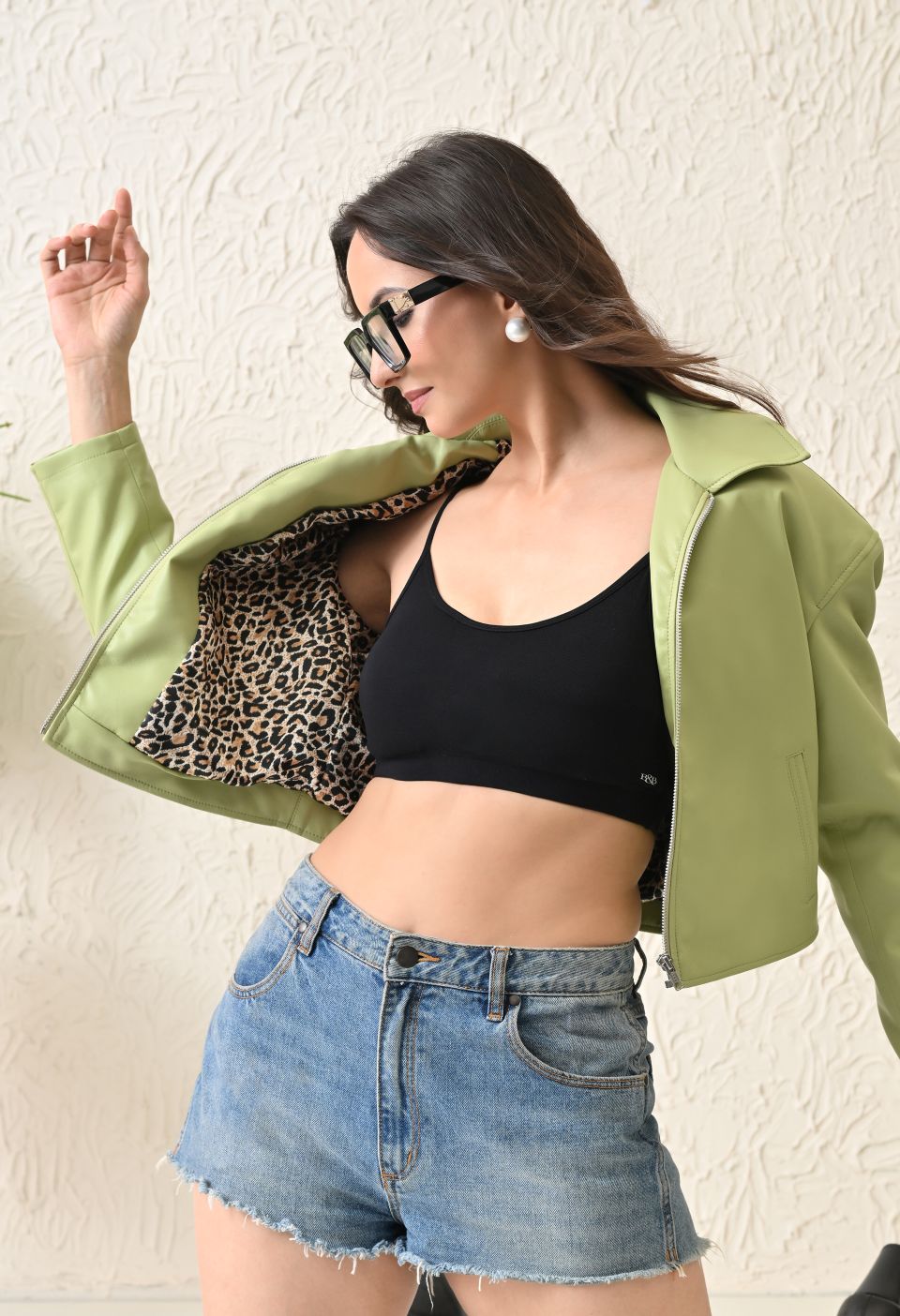 Washed Leather Water Resistant Crop Oversized Bomber Neon Green Jacket – view 6