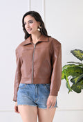 Washed Leather Water Resistant Crop Oversized Bomber Tan Jacket